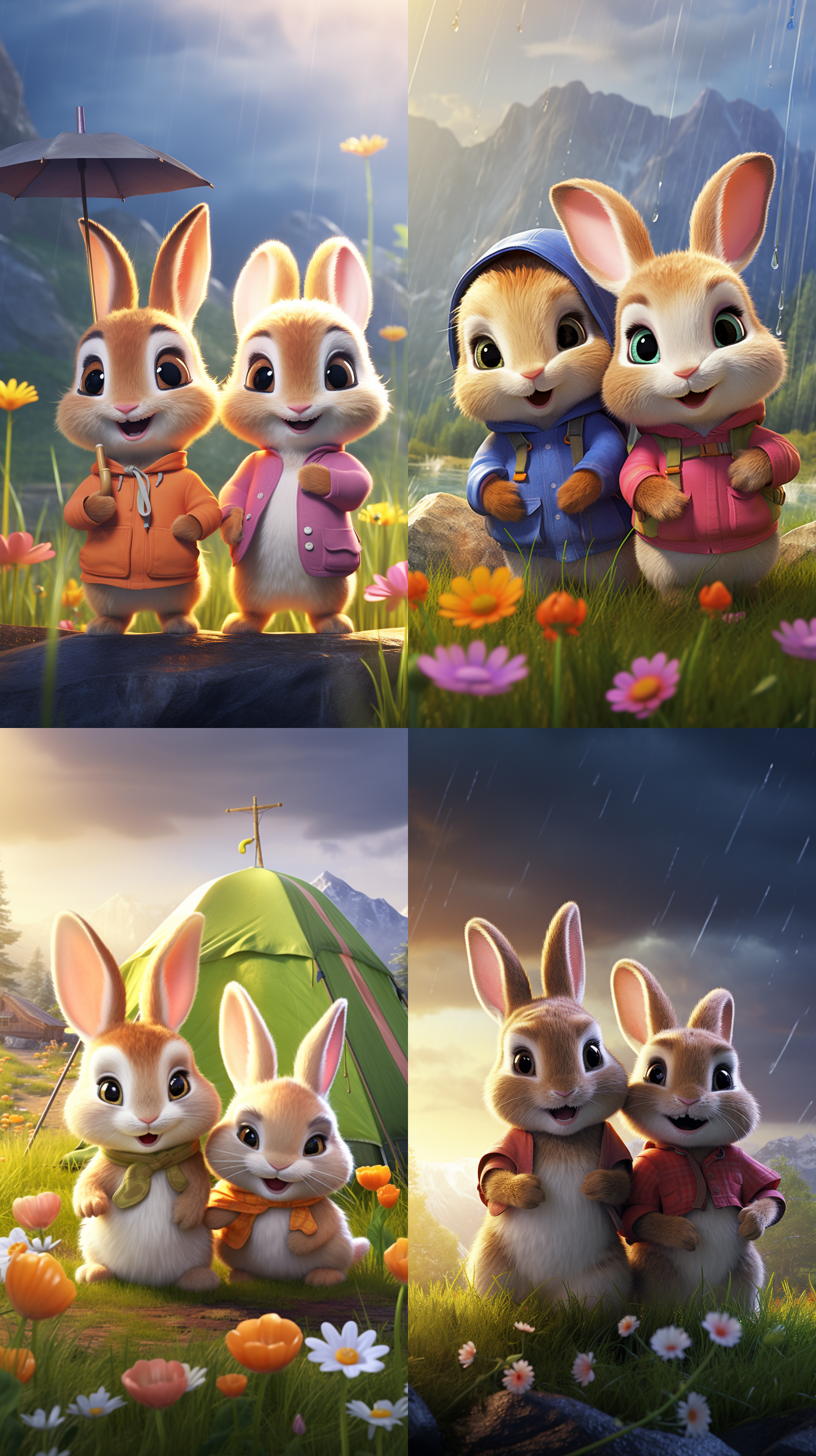 两只卡通小兔子在草地上露营，雨滴,远处的山，花，草，自然风光，萌态, 湿润色调。 oc渲染器 迪士尼