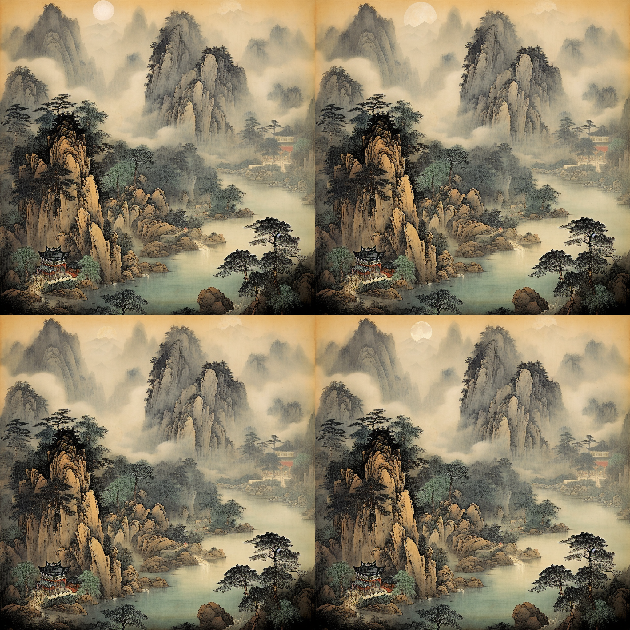 中国古典山水画，整体风格写意但局部用工笔风格，平芜尽处是春山，意境深远，广角横向景深，远景人物点缀，比例协调的花草树木，自然动物，唯一太阳，完美人物、花鸟树木。