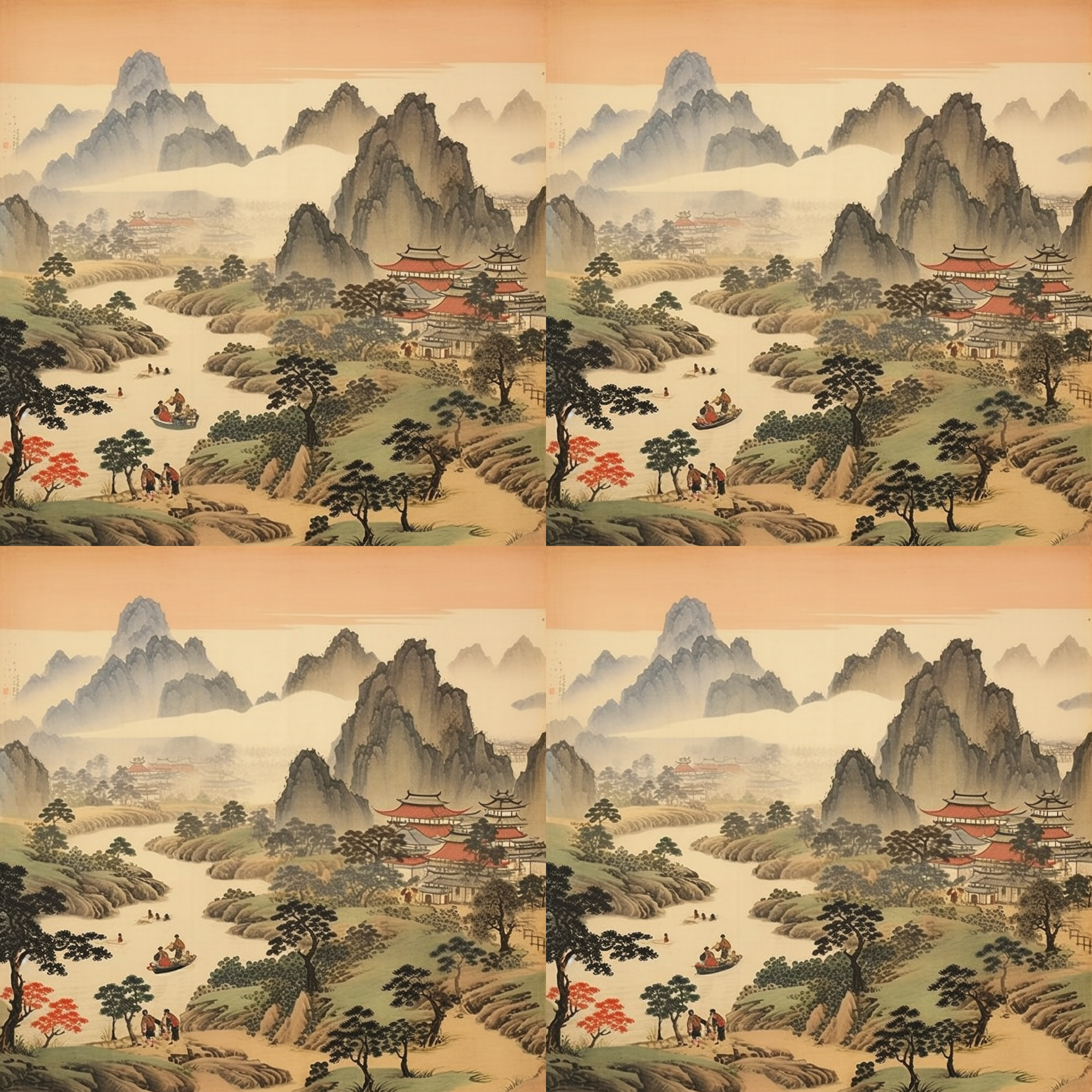 中国古典山水画，整体风格写意但局部用工笔风格，平芜尽处是春山，意境深远，广角横向景深，远景人物点缀，比例协调的花草树木，自然动物，唯一太阳，完美人物、花鸟树木。