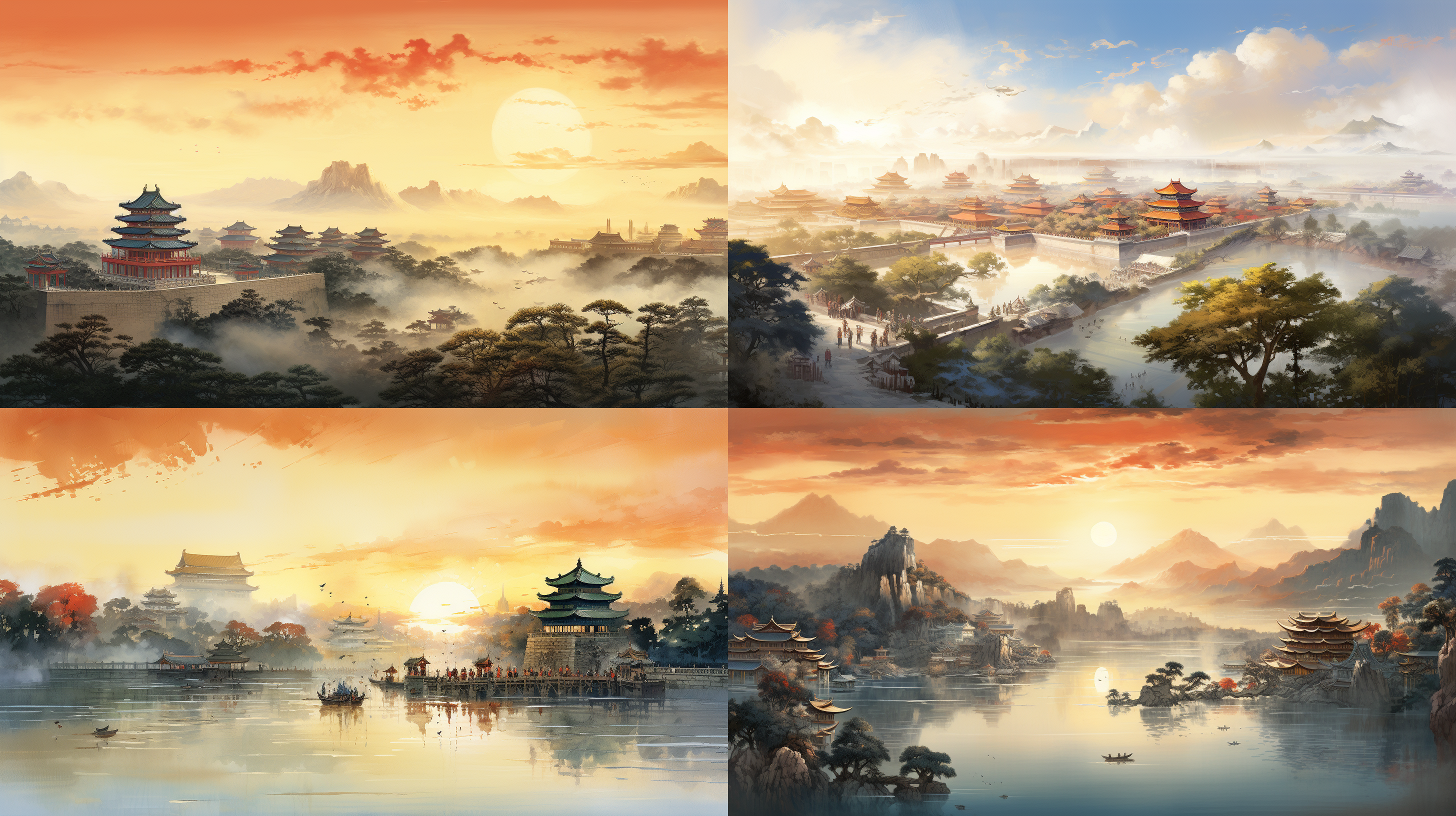 宫殿，水墨风格，远景广角，明朝，气势恢宏，彩色，壮丽，庄严，光影，层次感，细节丰富，晨曦，雄伟，静谧。