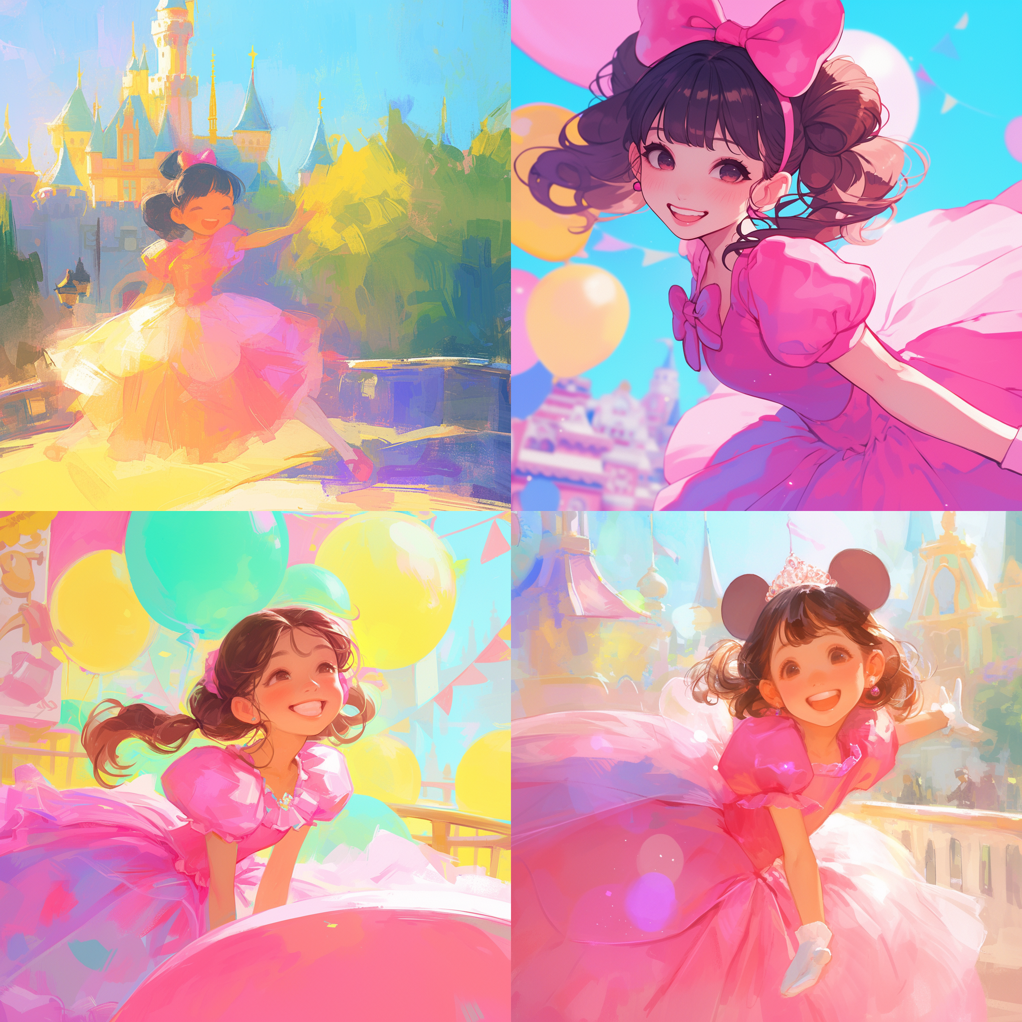 一个女孩在迪斯尼乐园玩耍，身穿粉色公主裙，笑容灿烂，背景是五彩斑斓的游乐设施，快门速度快，色彩鲜艳，童真快乐，迪斯尼风格。主题：女孩，迪斯尼，快门速度，色彩鲜艳，笑容，童真。