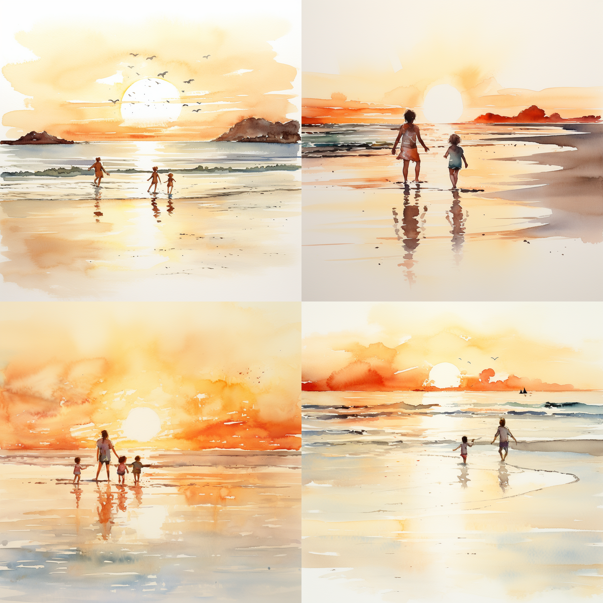 水彩，在沙滩上玩耍的孩子，白色背景，远景镜头，日落，线条简约，雷杜德风格