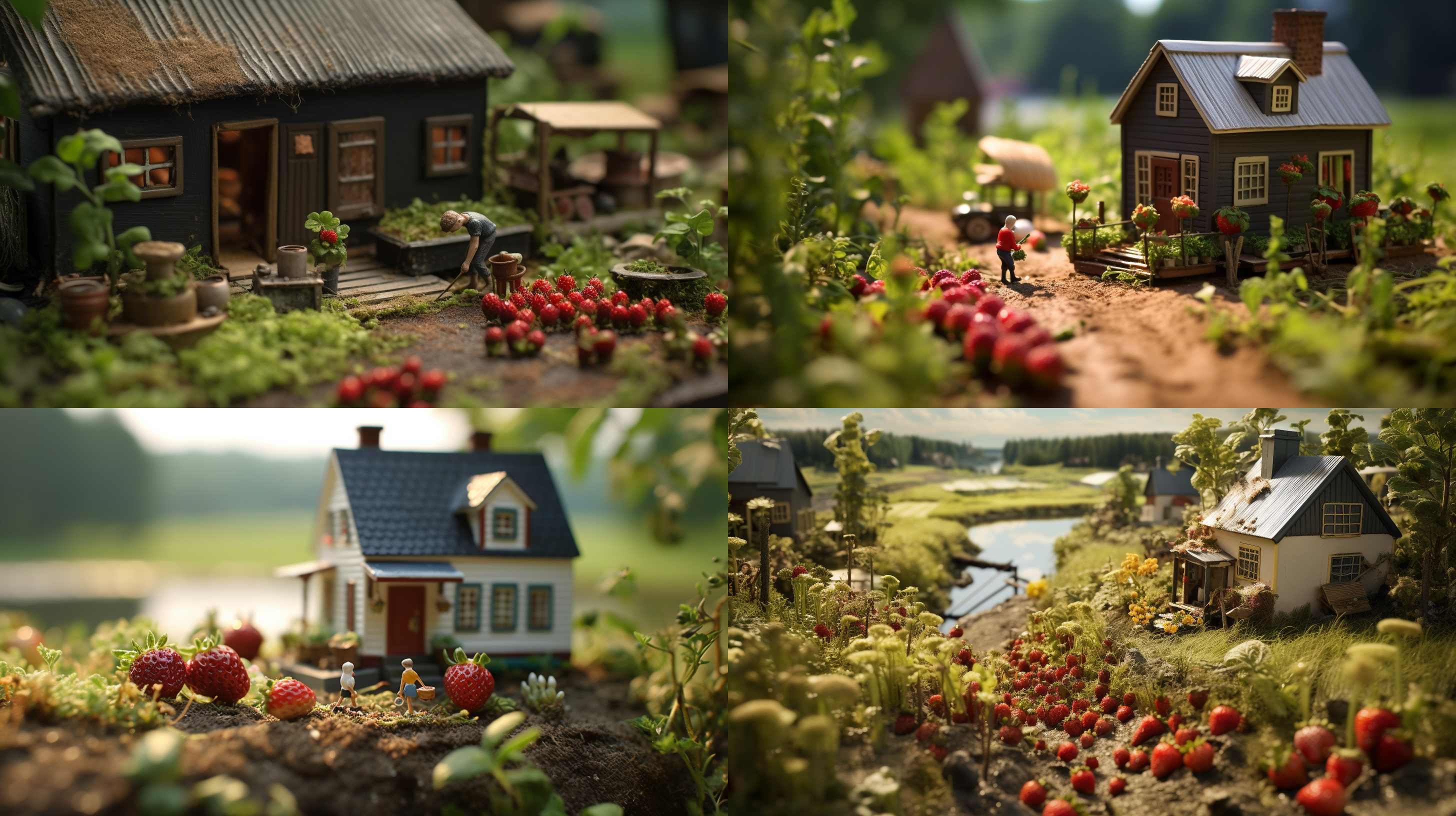 微型世界，精致食物，摄影，倾斜移轴，优秀照明，超高细节，长景深，富士胶片相机，田园风光，石板路，小屋前溪流潺潺，微型农民采摘新鲜草莓，小鸟。