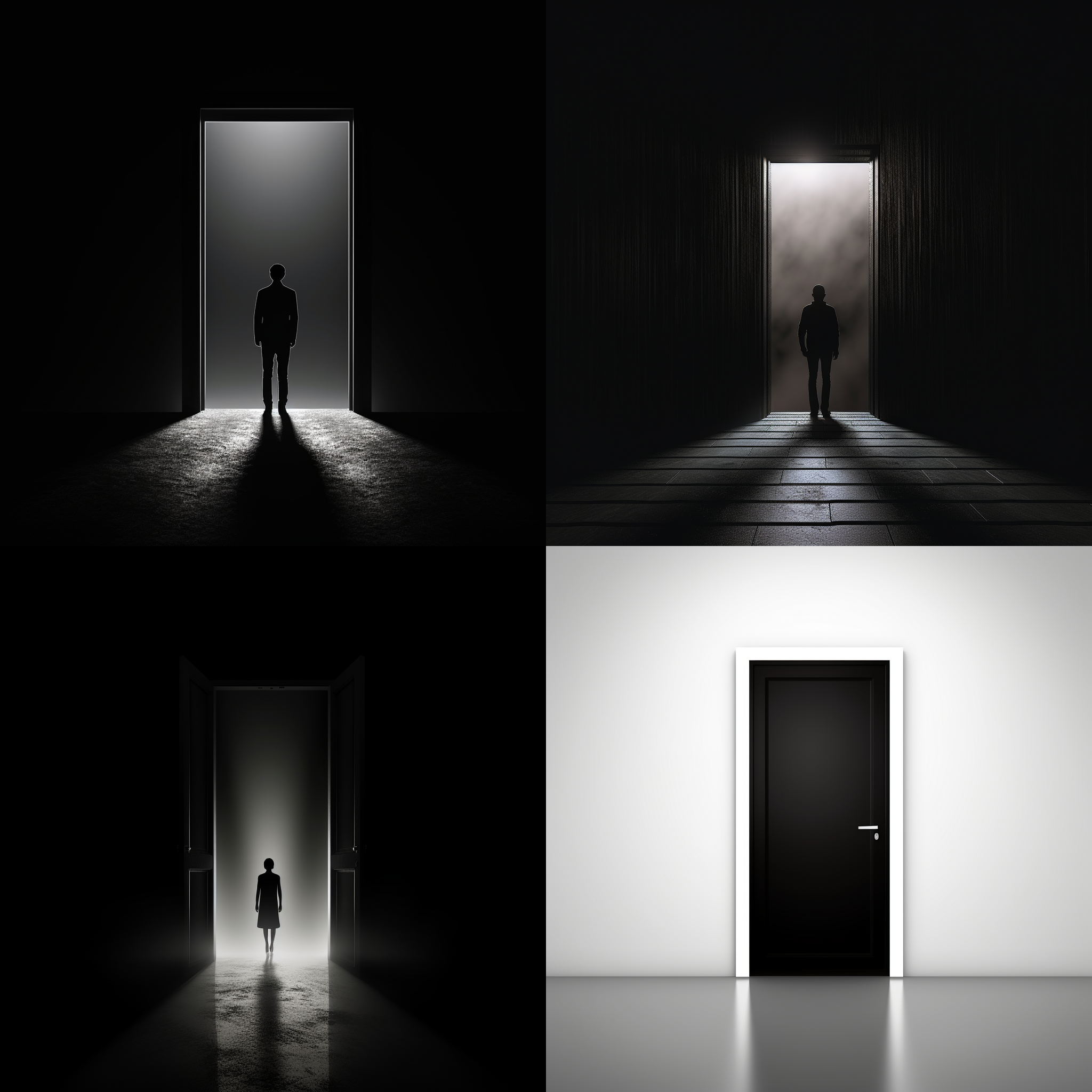 矩形门框轮廓人影，深色背景，白光辉映，极简海报，卡夫卡风格，5:7宽高比，垂直构图，暗黑色调，神秘感，独特风格，人物轮廓。