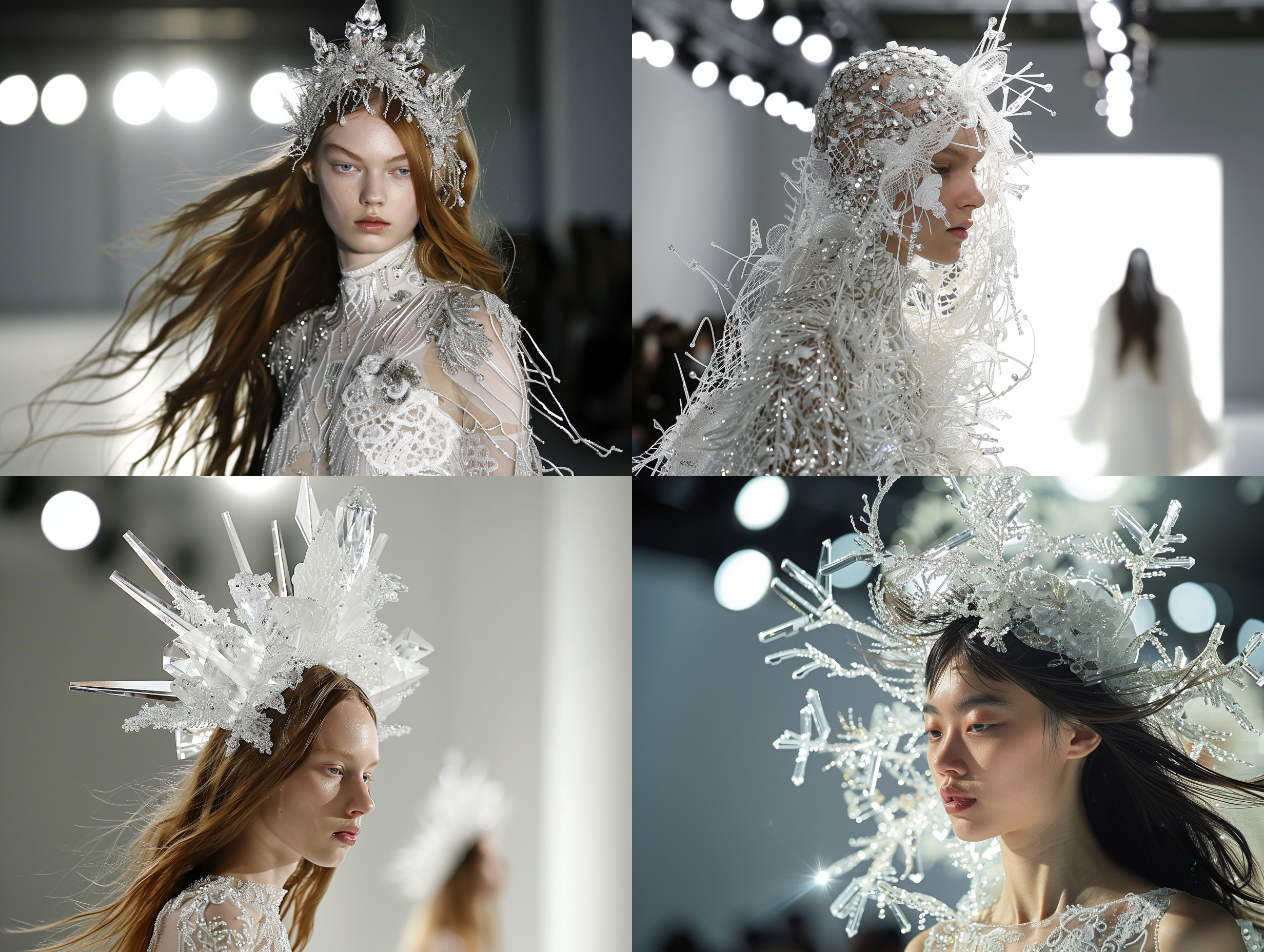 haute couture fashion week model walks on the runway, with long flowing hair, metal crystal shape on the head, high-definition and exquisite facial features, white lace elements, clear clothing deconstruction, the highest aesthetic art, white light background, bright lights, the photo is very clear