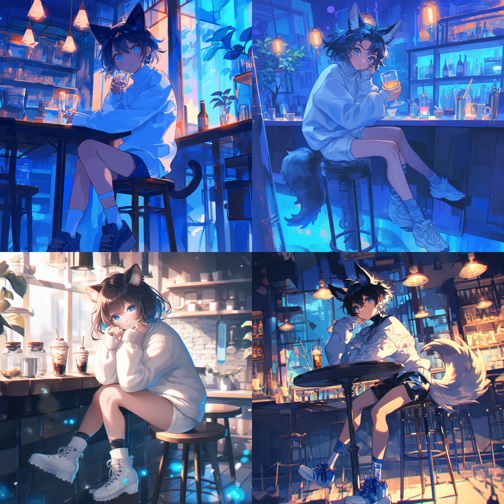 背景是灯光柔和的咖啡馆，清冷的风格，二次元画风，正太，十二岁的小男孩，男孩子，可爱，兽耳，银白色眼睛，黑色的头发，穿着宽松的白色卫衣，坐在凳子上，穿着蓝白相间的堆堆袜，穿着蓝白色系的鞋子，，穿着白色短裤，喝一杯漂亮的酒，单人