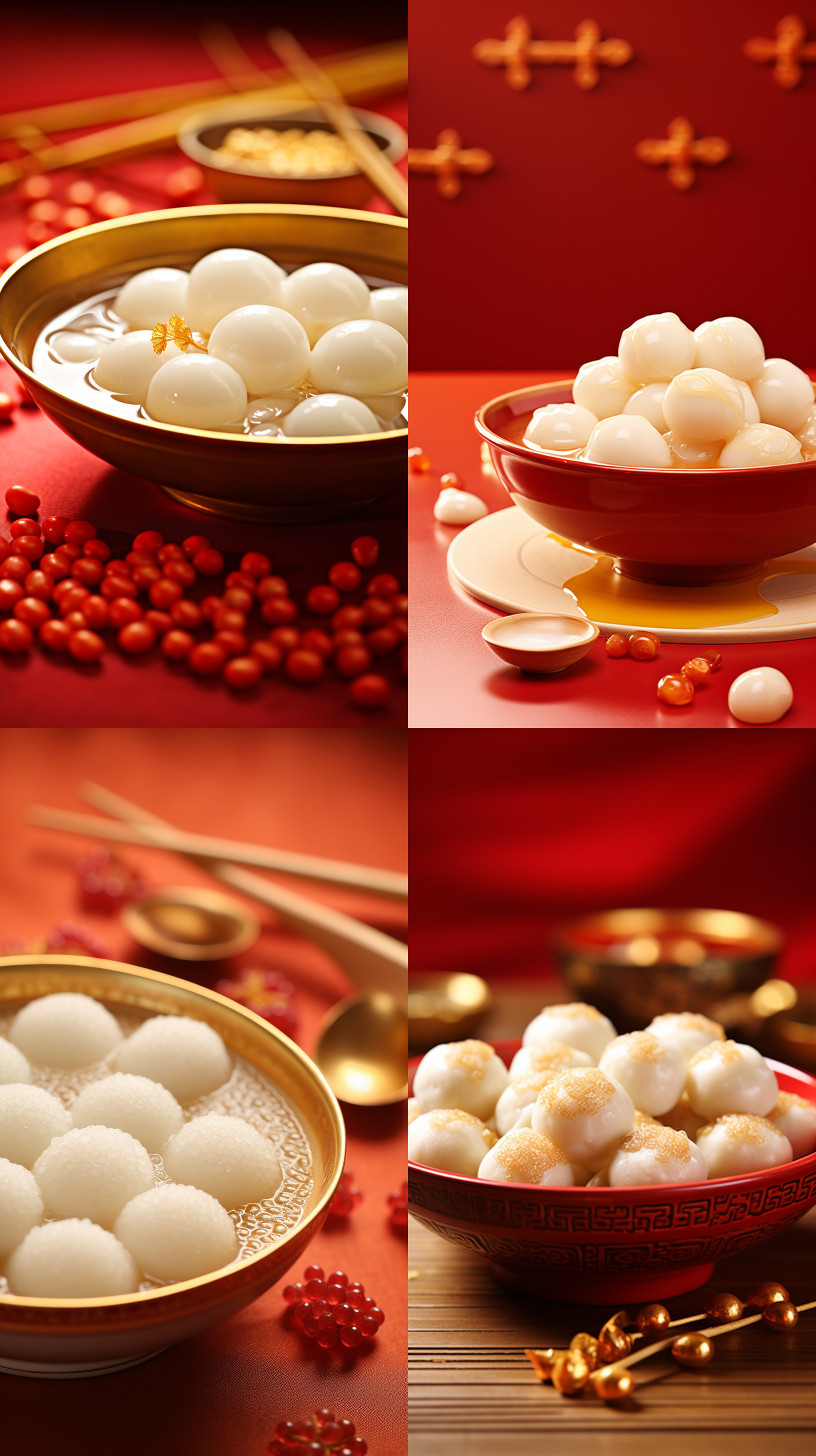 食物摄影 5个白色圆圆透亮的元宵泡在一个金色瓷碗的水里，元宵上边淋着蜂蜜 旁边放着一把金色勺子 背景红色暖色调 简洁