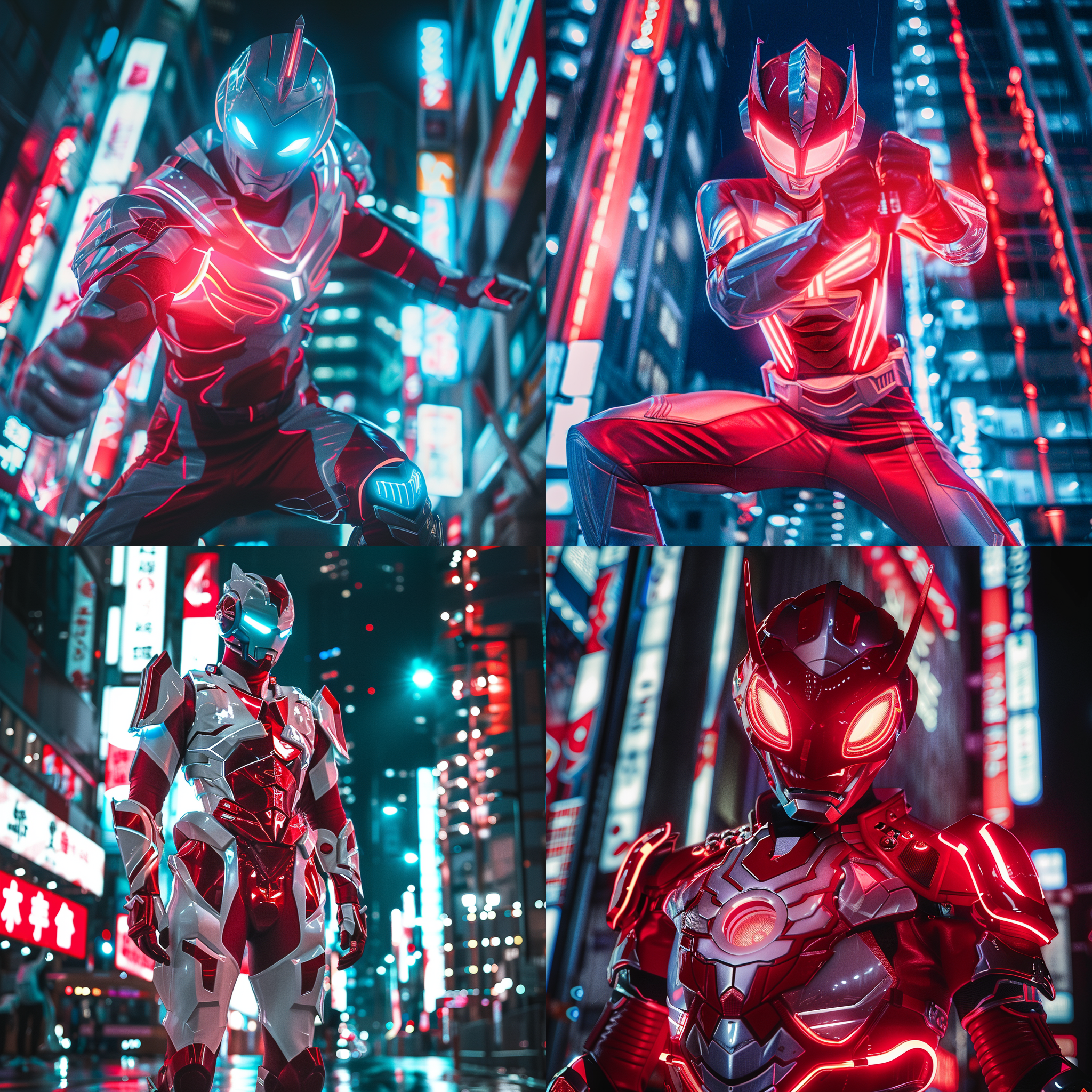 赛罗奥特曼，红色主题，白色花纹，机械风格，夜晚城市背景，超广角镜头，霓虹灯光，动作准备战斗，强烈对比度，冷色调，英雄气概。