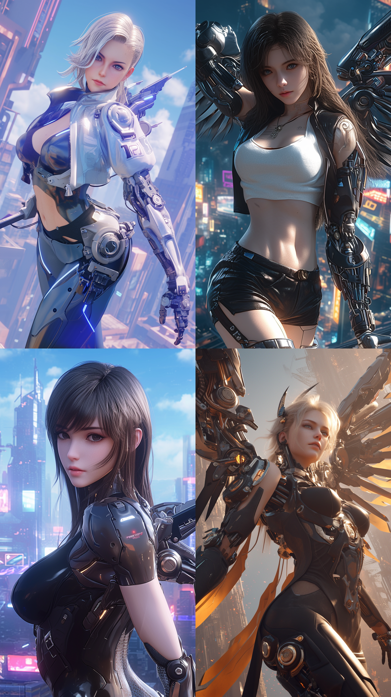 18岁少女，一半是机械人，穿着紧身衣服，背部展开机械翅膀。画面采用cg风格，科幻颜色，c4d渲染，背景是未来都市的高楼大厦和飞行汽车。女孩子看起来自信而坚毅，她的眼神中透露出决心和力量。