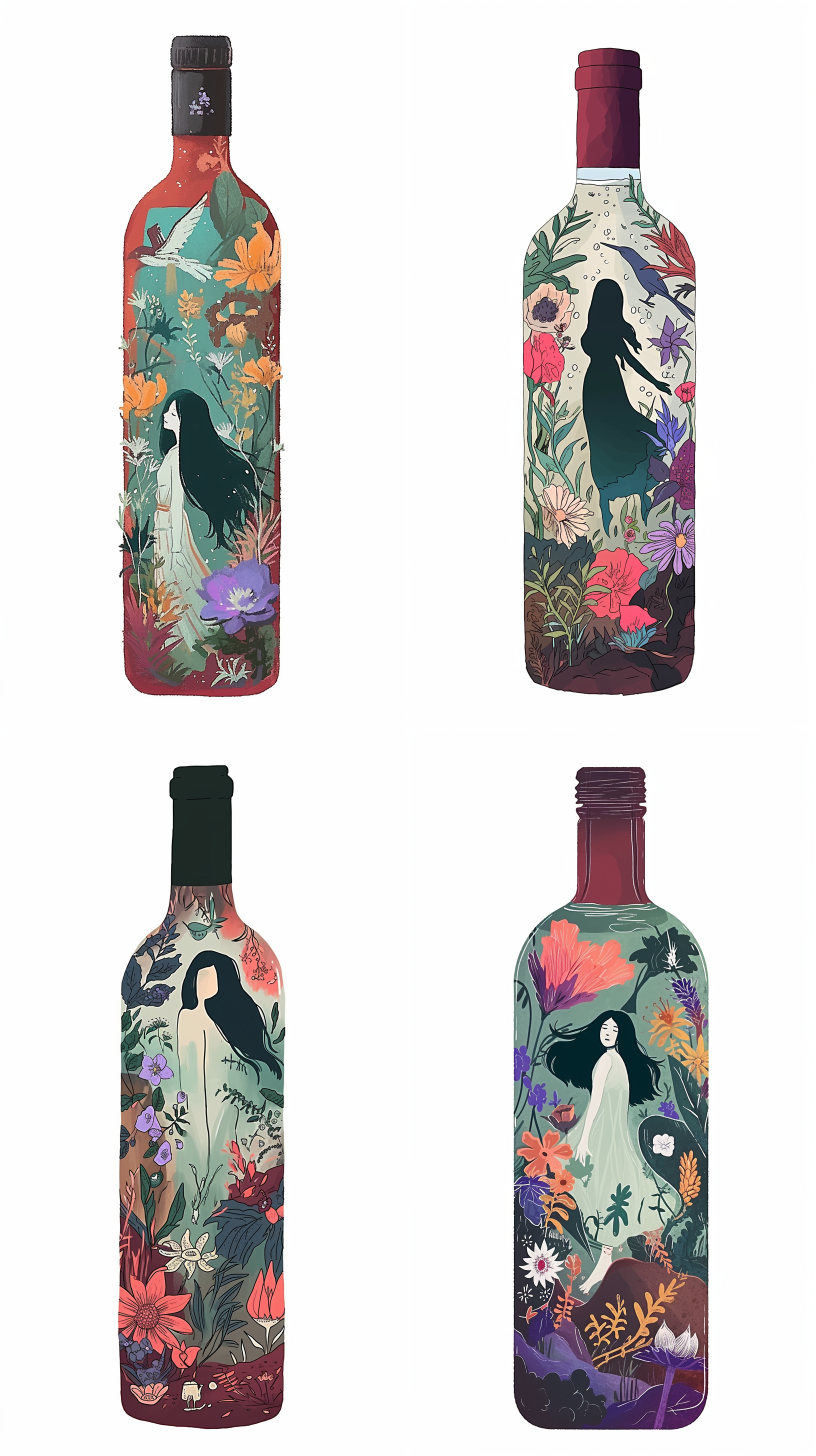 插画，微缩世界，1支大大的红酒瓶，红酒瓶内半瓶水，长着各种植物，开满鲜花，瓶中有个美丽的女性，长发飘飘，在繁花中站立，超高的艺术性，优雅