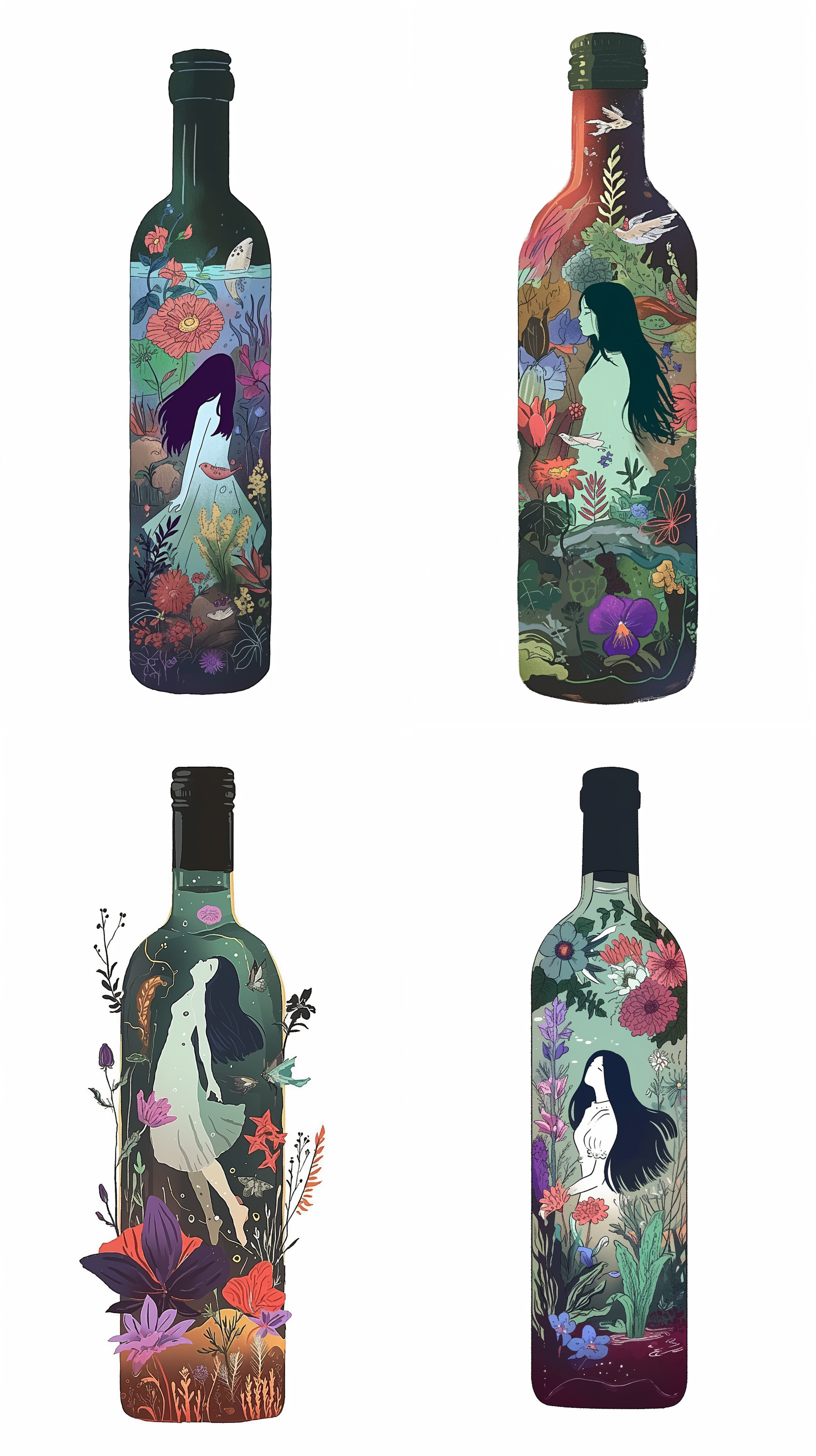 插画，微缩世界，1支大大的红酒瓶，红酒瓶内半瓶水，长着各种植物，开满鲜花，瓶中有个美丽的女性，长发飘飘，在繁花中站立，超高的艺术性，优雅
