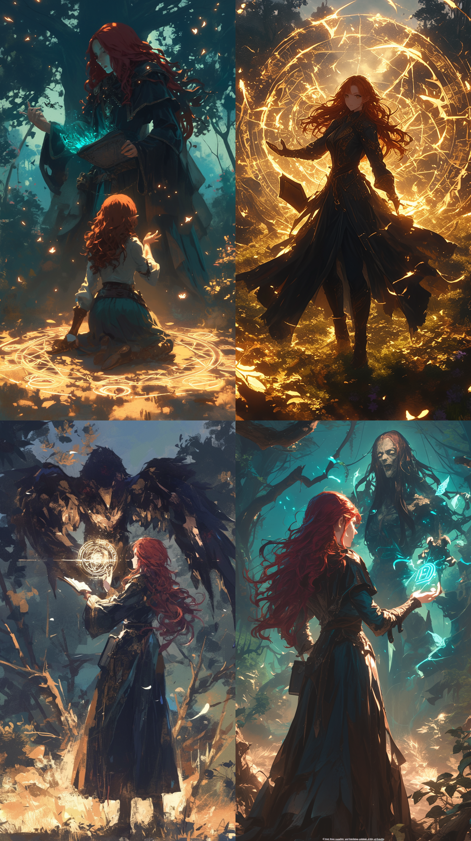 红发魔女在森林中面对女天使，后视角，全身人物，黄昏，身穿黑色法袍，右手手捧魔法书，地上浮现一圈魔法阵，魔法符号悬浮，能量展现