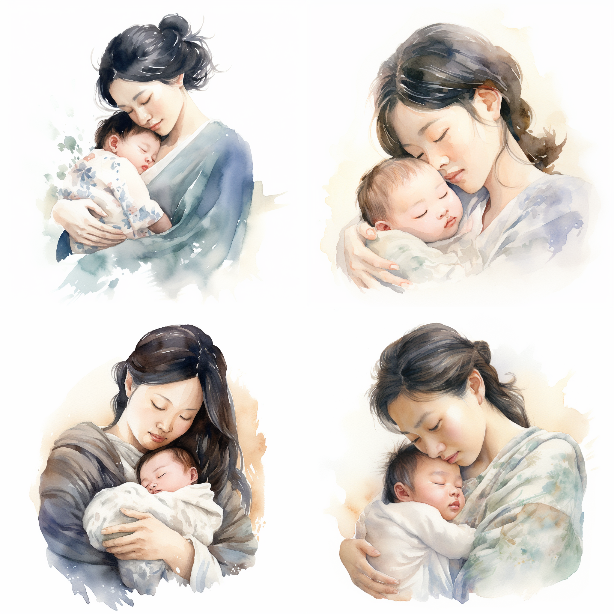 水彩，一个中国妈妈抱着初生婴儿在怀里，妈妈深情看着怀里的初生婴儿，初生婴儿在熟睡，白色背景，吉卜力风格，线条简约流畅