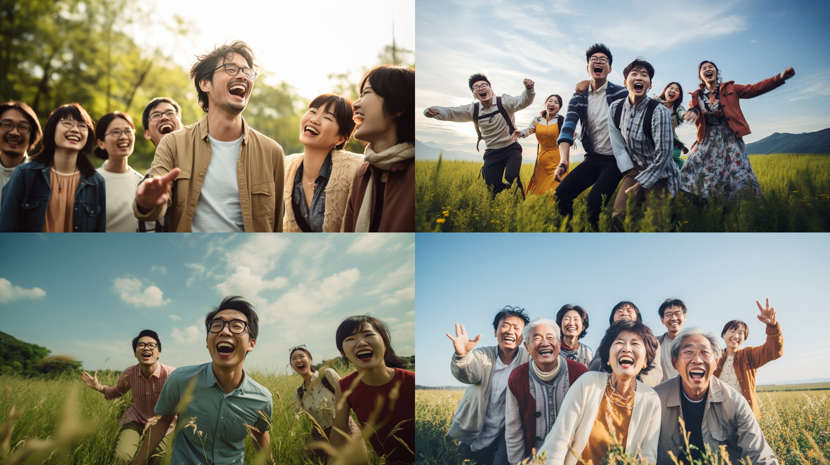 男人说话手势，温暖草原，广角镜头，笑容开心，团队合作自信，高清摄影，面向镜头，浅色格子衬衫，中国式短发，40岁，眼镜，3男2女，笑容满面。