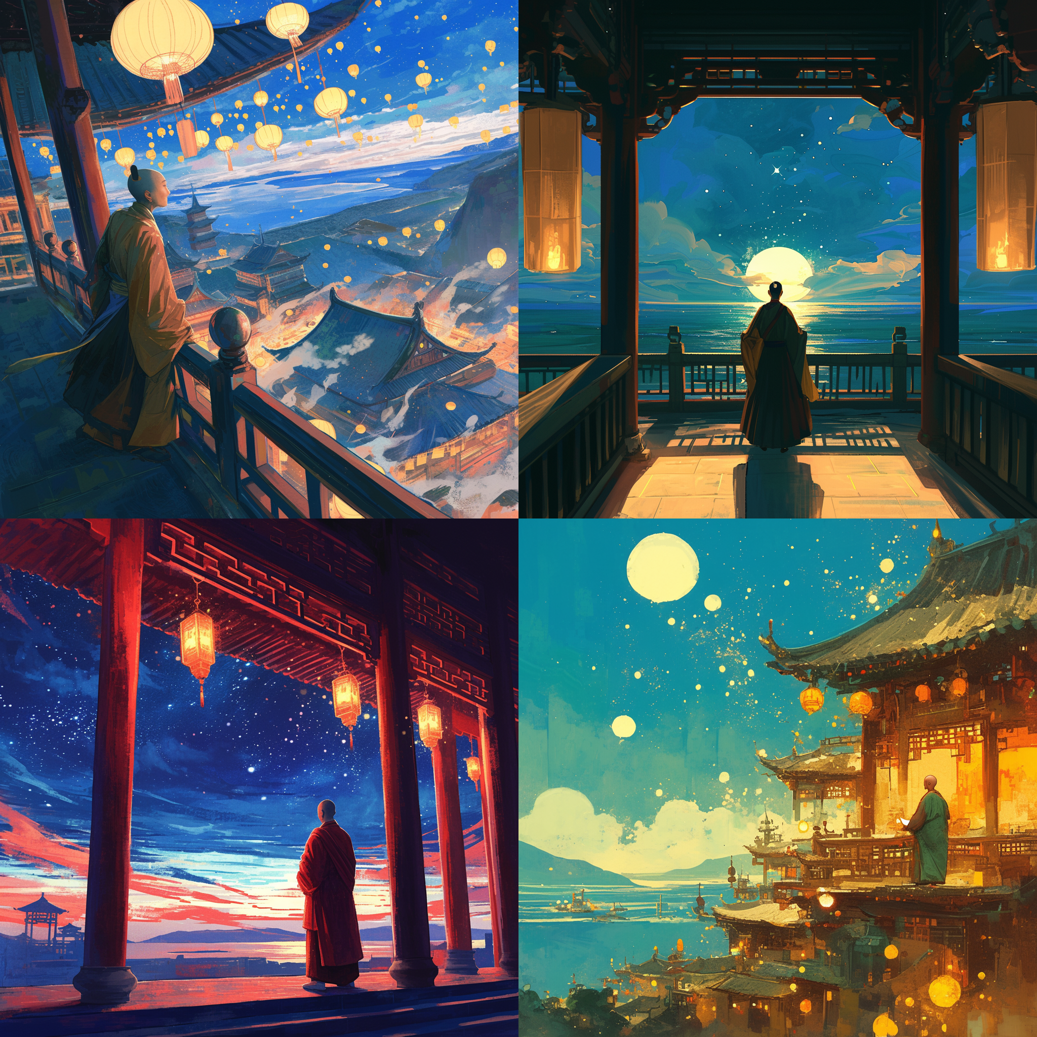 一个僧人站在楼上遥望着大海，唐代建筑，漫天孔明灯，星光点点，神秘，恢弘大气，现代插画，浪漫古风，超广角镜头，手绘手稿，极简线条，莫奈，新印象派