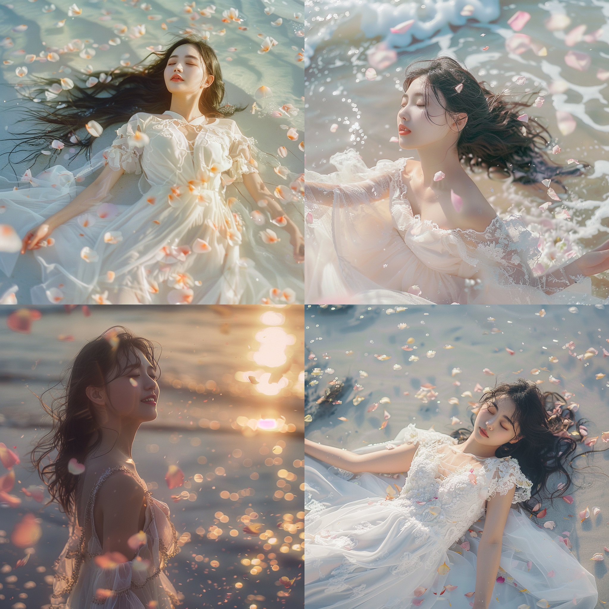 an 18-year-old chinese girl with a delicate face,surrounded by petals, the surrounding air is full of petals, petal like,movie colors,film texture,medium long shot,on the white beach, sunshine, soft light, joy, happiness, smile, relaxed movements, and thin skirts fluttering