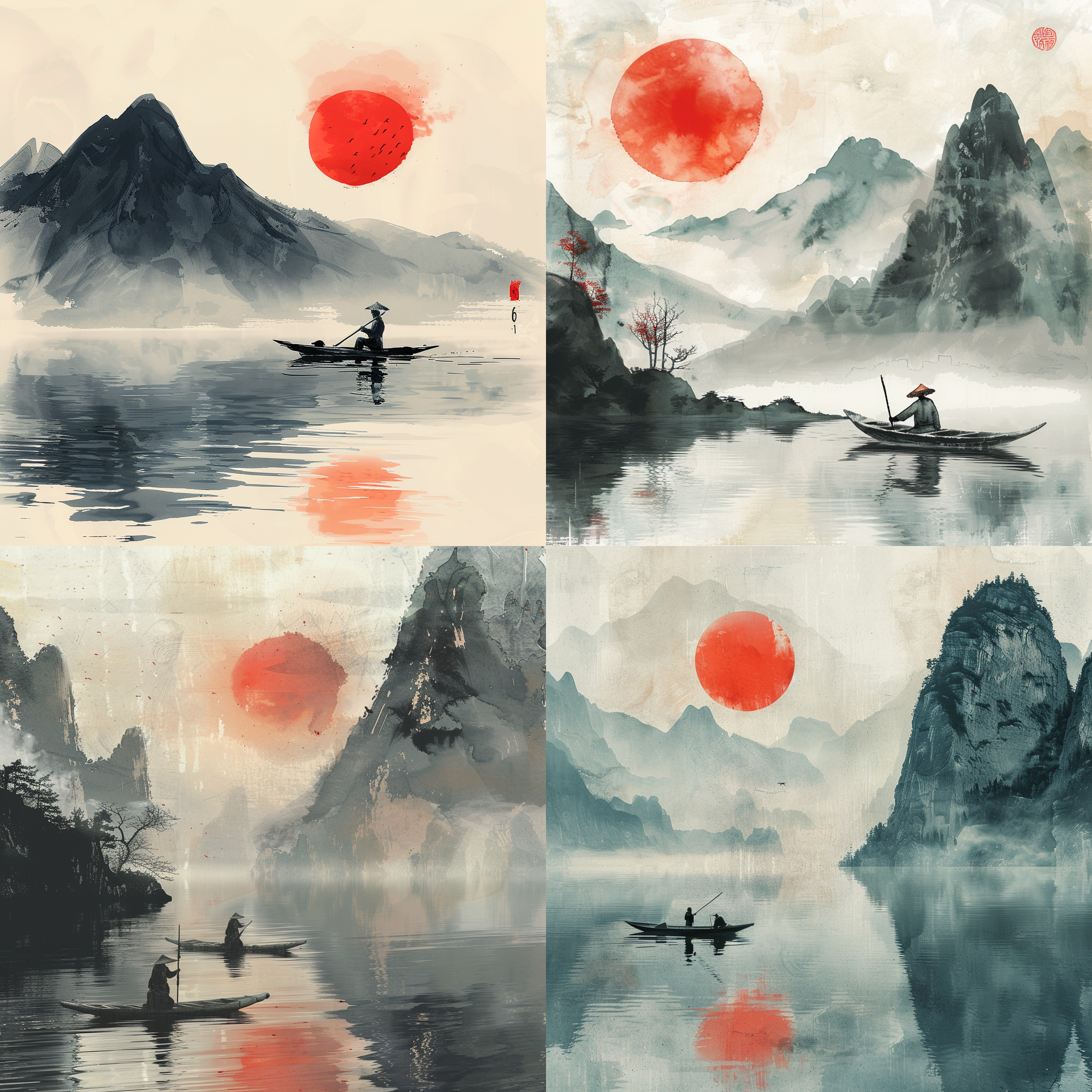 一个年迈的老人划着一叶扁舟孤独的滑行在湖面上，四周群山环绕，山清水秀，一轮红日缓缓落山。广角，水墨画背景，超高分辨率，孤独的氛围 古代