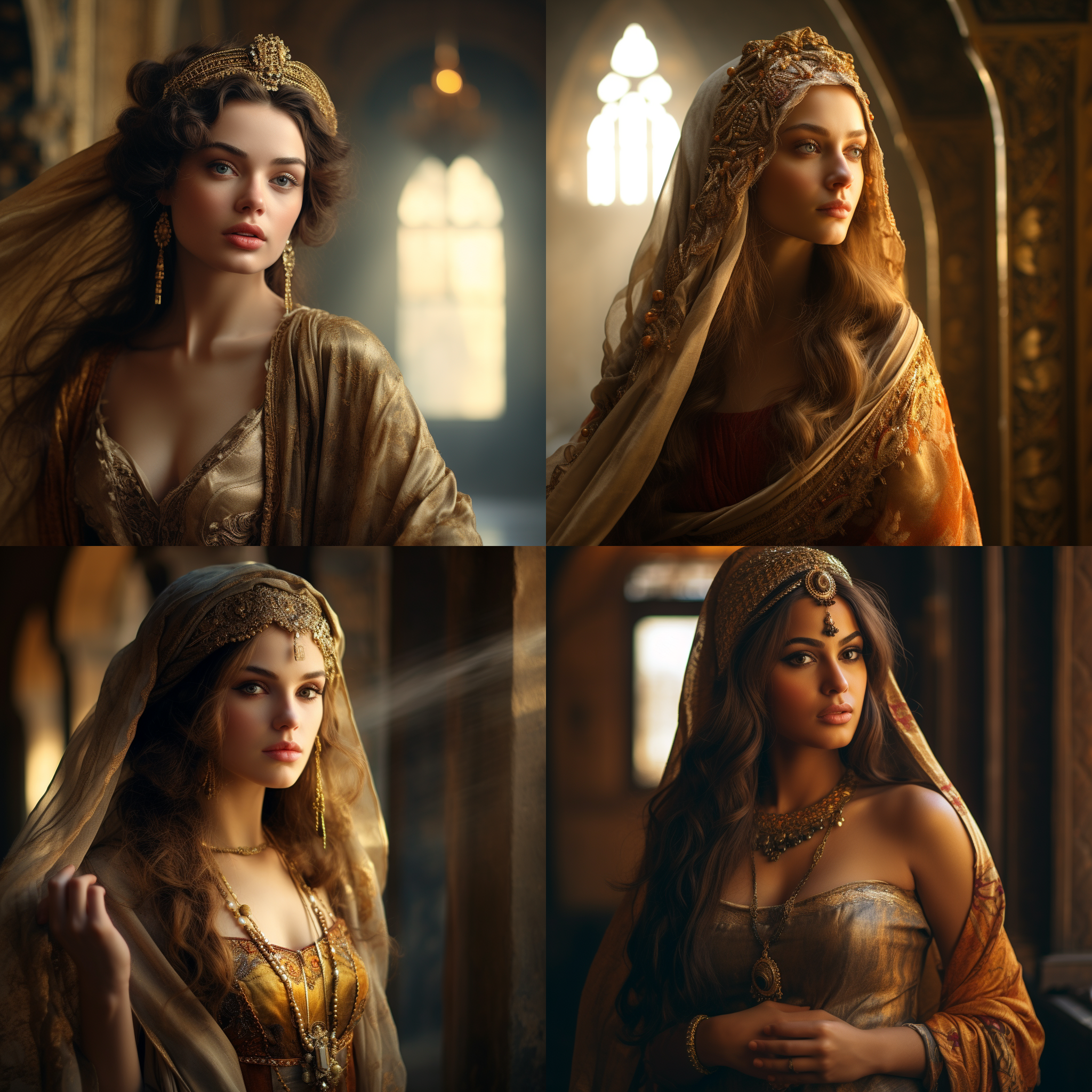 古代女性，宫殿内，微胖微笑，金色头饰，对角线构图，明暗对比，温暖色调，自信，高身材，双手交握，华丽，站立，广角镜头，侧光