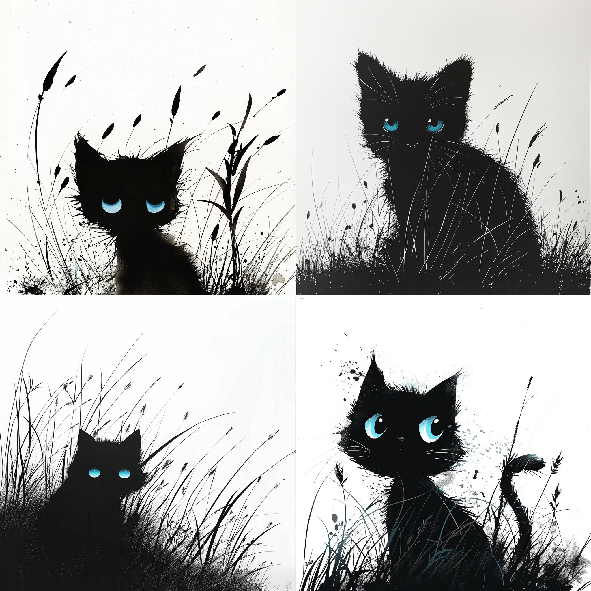 黑色的猫，剪影，卡通，可爱，蓝眼睛，神气，，水墨艺术构思，真实感，极简主义，白色背景，草间弥生，18k