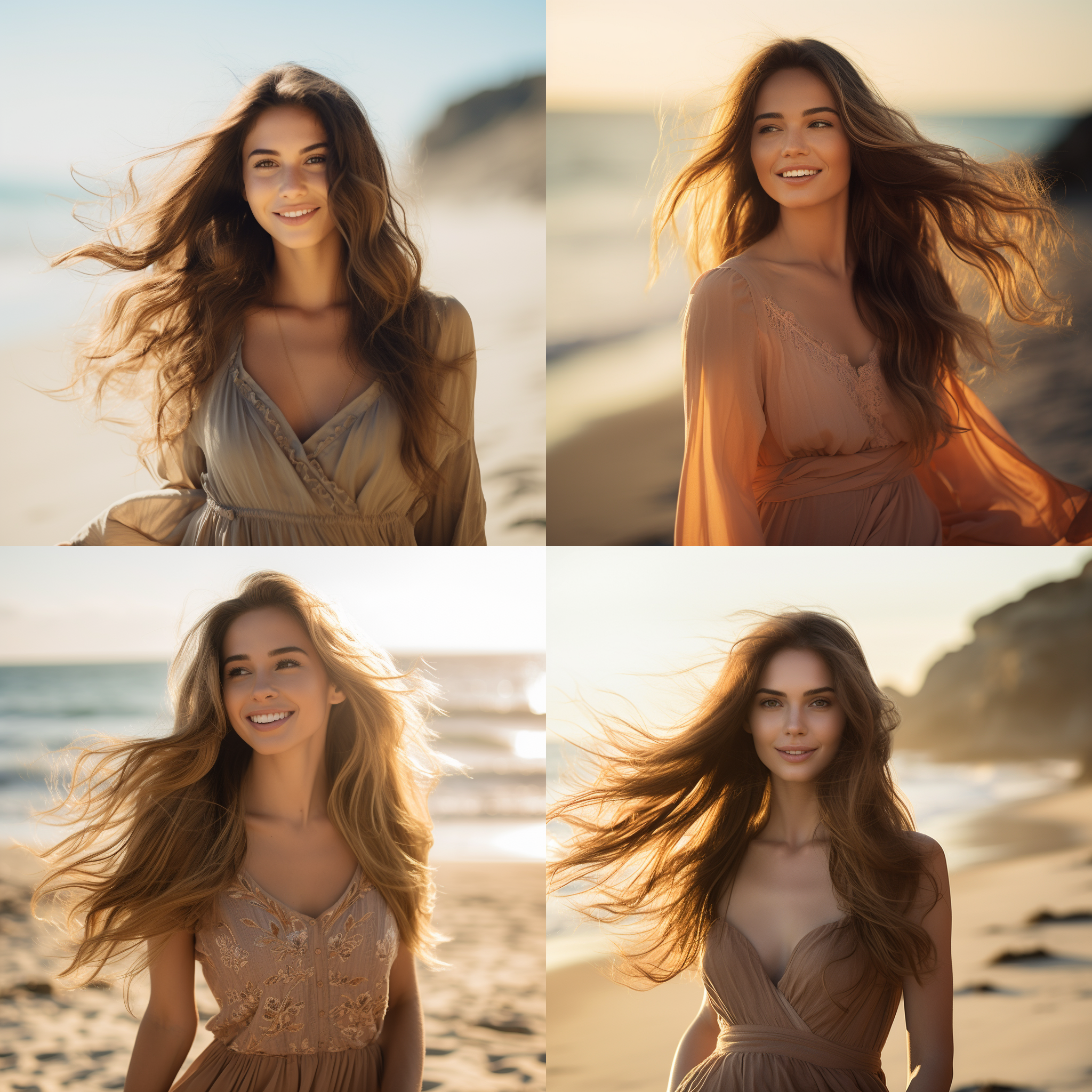 长发美女，穿着连衣裙，站在沙滩上，阳光下微笑。正面构图，柔和色调，50毫米镜头，自然光，微风拂动长发，温暖情绪。