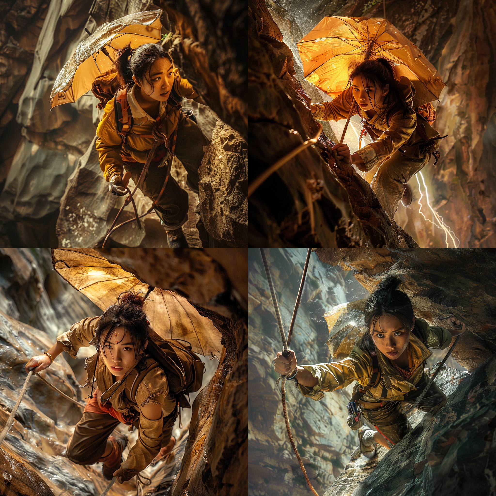 华裔美国人探险家shirley杨，背负金刚伞，挑战古墓，绳索装备，头戴狼眼射灯，英勇传奇，动作准备，神秘环境，挑战传奇，高对比度，广角镜头，暖色调，刺激兴奋，170cm身高，100kg体重，头发马尾，长相俊秀，正在攀登悬崖深渊。 挑战, 探险, 金刚伞, 神秘, 指引, 光线, 勇敢, 动感, 高对比度, 暖色, 广角.