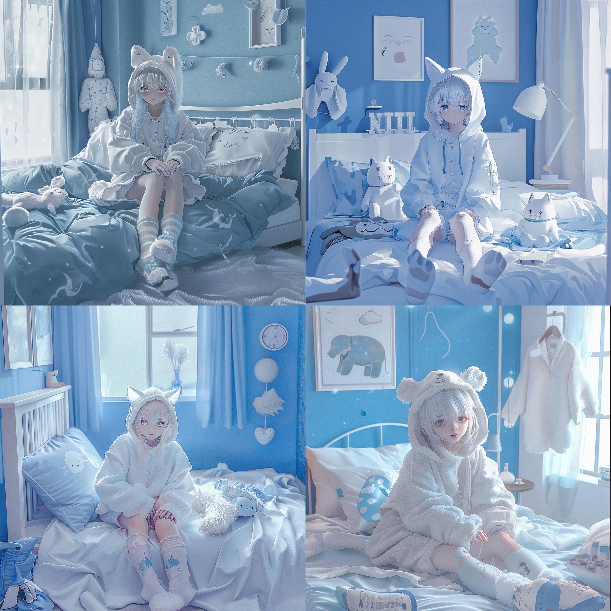 背景是天蓝色调的卧室，柔和的风格，二次元画风，8岁的正太，可爱，兽耳，银白色眼睛，白色的头发，穿着宽松的白色连帽卫衣，坐在床上，穿着白袜，穿着白色短裤，穿着蓝白相间的堆堆袜，穿着蓝白色系的鞋子，最高品质，极致细节，单人