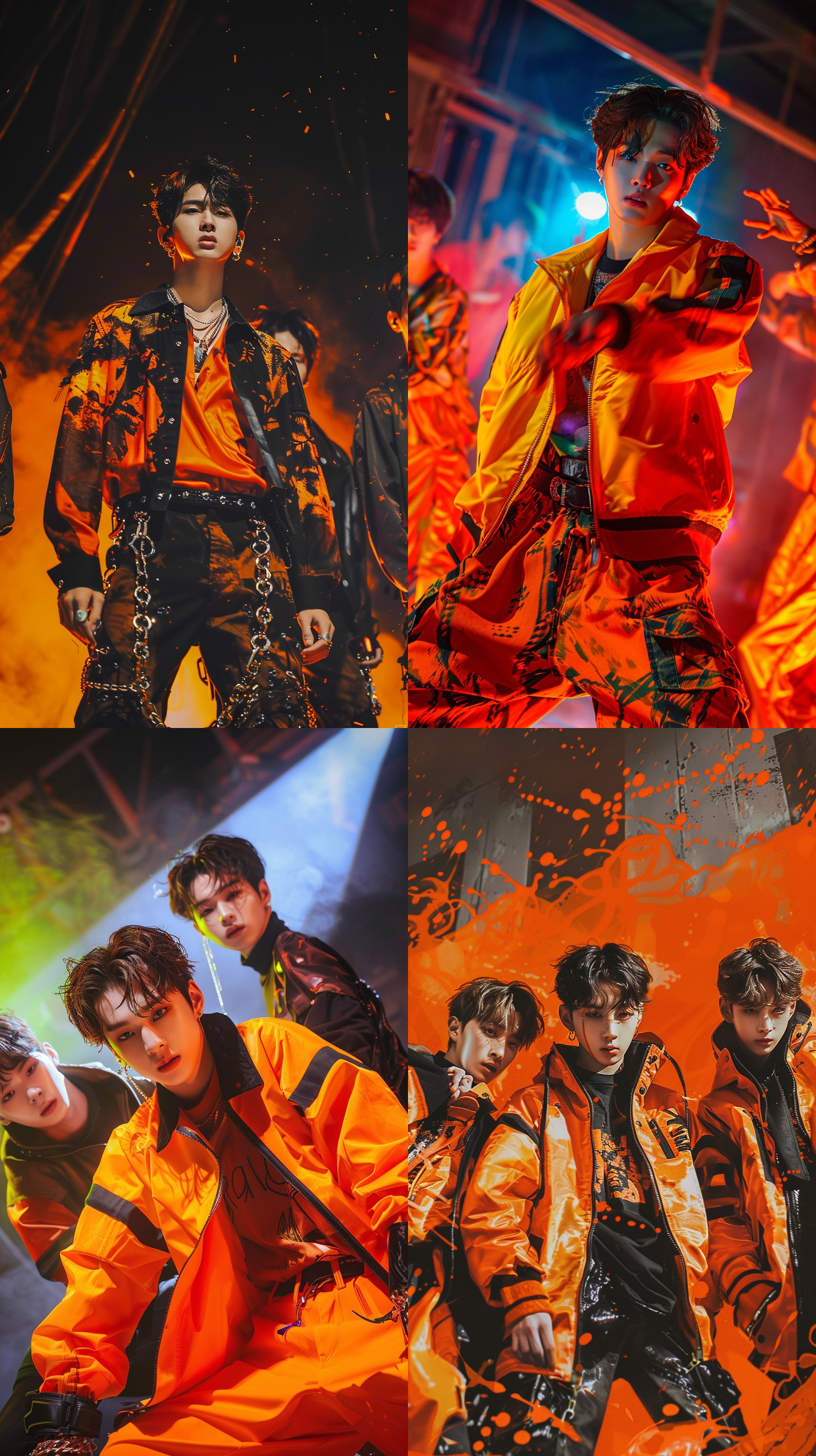 亚洲男团海报，黑橙搭配，冲击力强，色彩艳丽，k-pop风格，动感表情，多元化服装，闪光灯，高饱和度，霓虹色调，人物好看，五官精致，有肌肉线条，全身特写，舞台上，正面拍摄