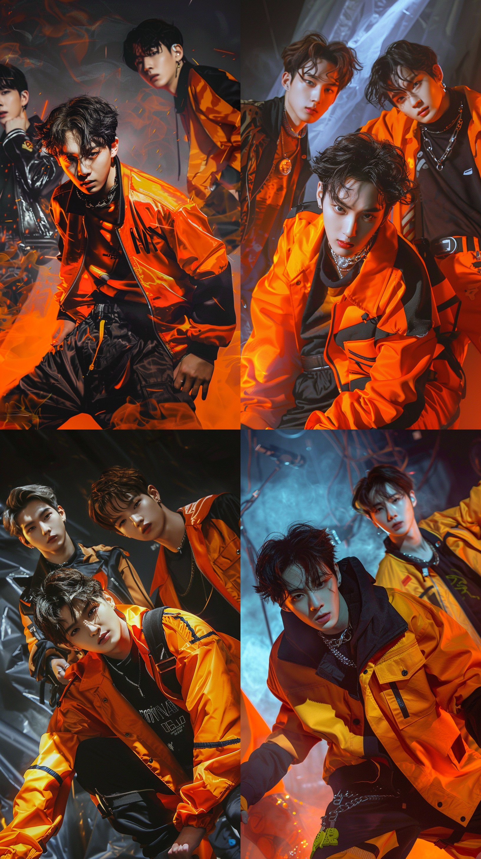 亚洲男团海报，黑橙搭配，冲击力强，色彩艳丽，k-pop风格，动感表情，多元化服装，闪光灯，高饱和度，霓虹色调，人物好看，五官精致，有肌肉线条，全身特写，舞台上，正面拍摄