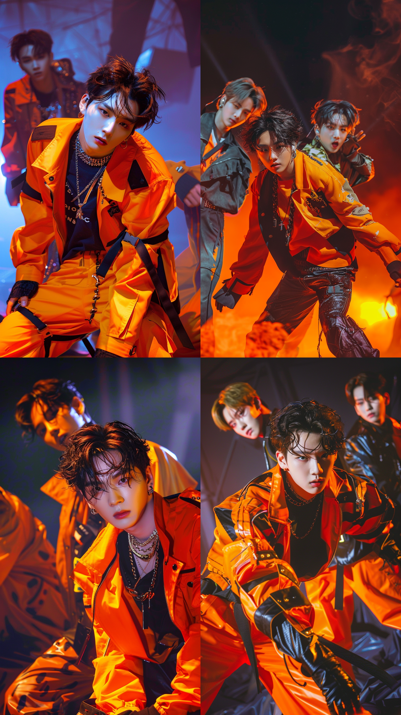 亚洲男团海报，黑橙搭配，冲击力强，色彩艳丽，k-pop风格，动感表情，多元化服装，闪光灯，高饱和度，霓虹色调，人物好看，五官精致，有肌肉线条，全身特写，舞台上，正面拍摄