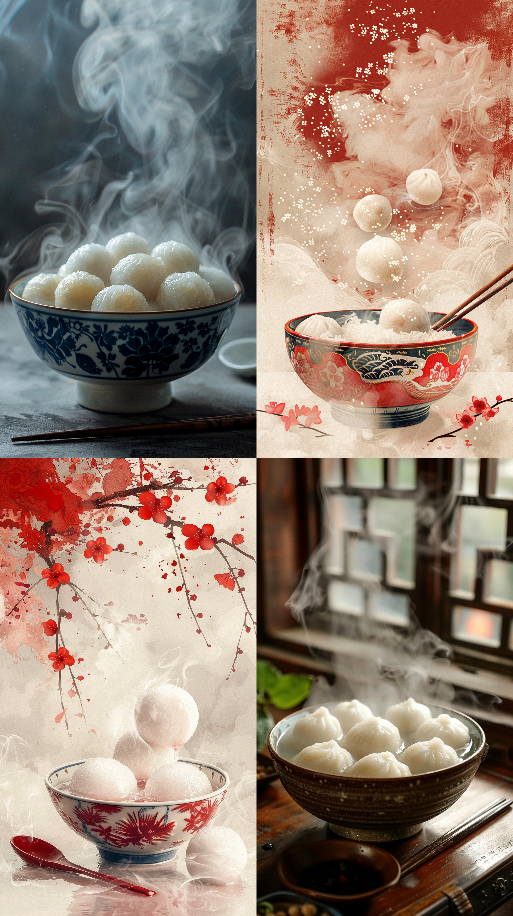 元宵节海报，中国传统节日，碗里的白色汤圆，散发着热气，勺子，高清，暖色，背景干净