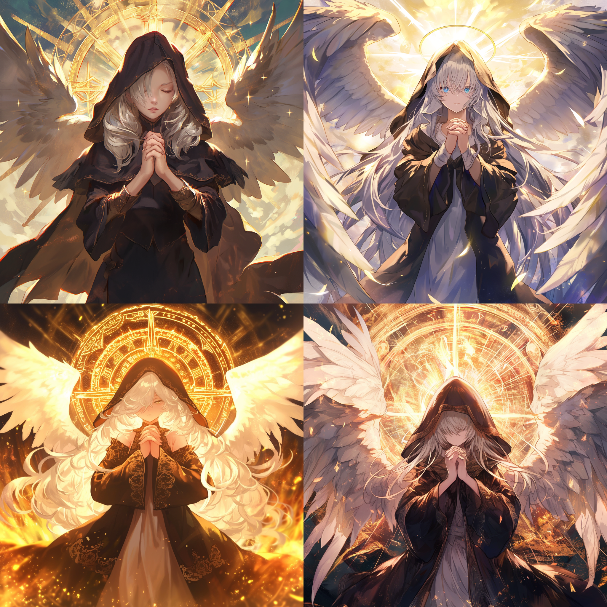 身穿黑袍，头戴棕色兜帽的成熟银发女天使，双手胸前握紧祈祷，展开白色的翅膀，身后浮现出一个巨大的金色魔法圆圈