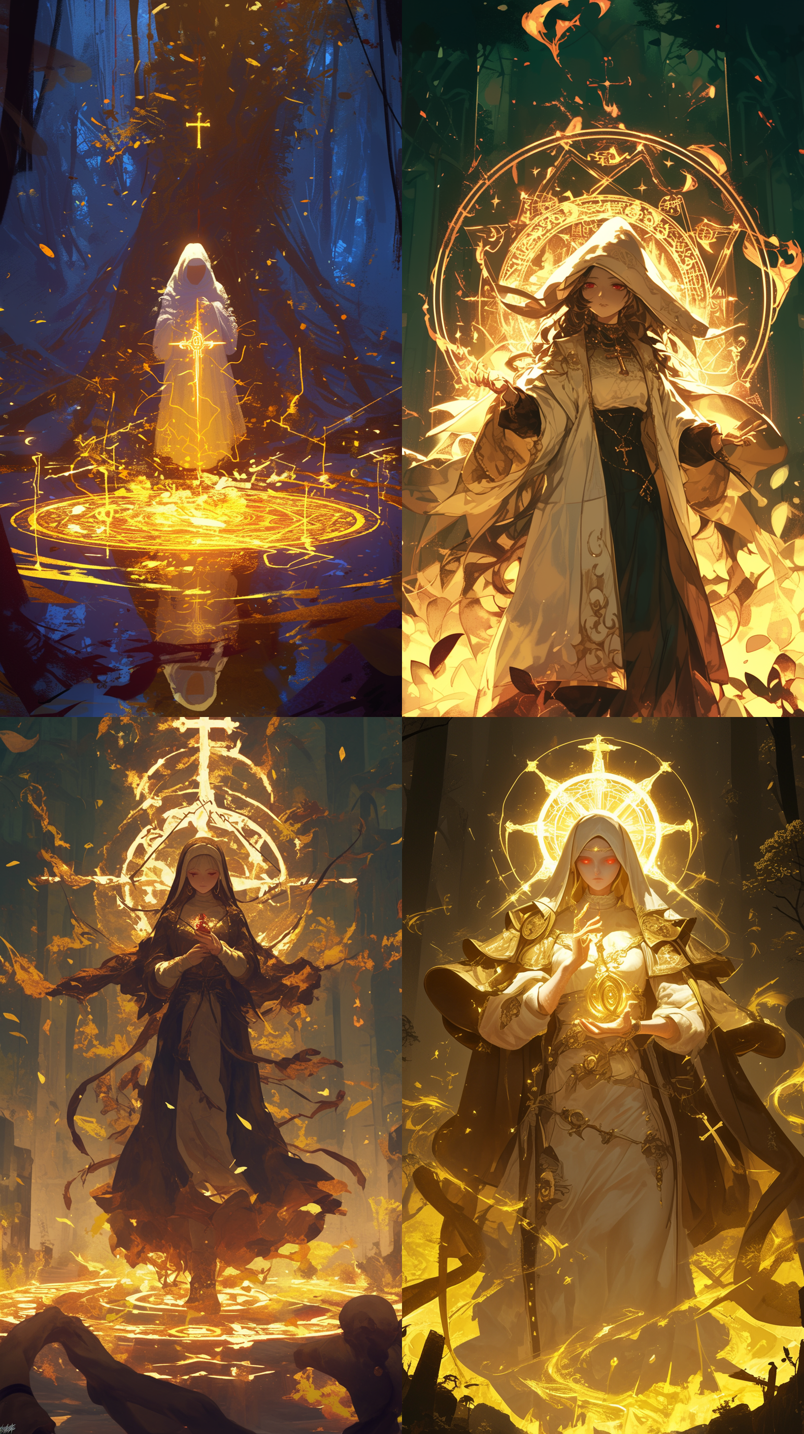 身穿白色法袍的修女施放圣光法术，瞳孔发散着红色光芒，手持十字架，地上浮现出金色魔法阵，森林背景，金色火焰，神圣氛围，魔法符号悬浮，能量展现，圣光照耀。细节丰富，动态姿势