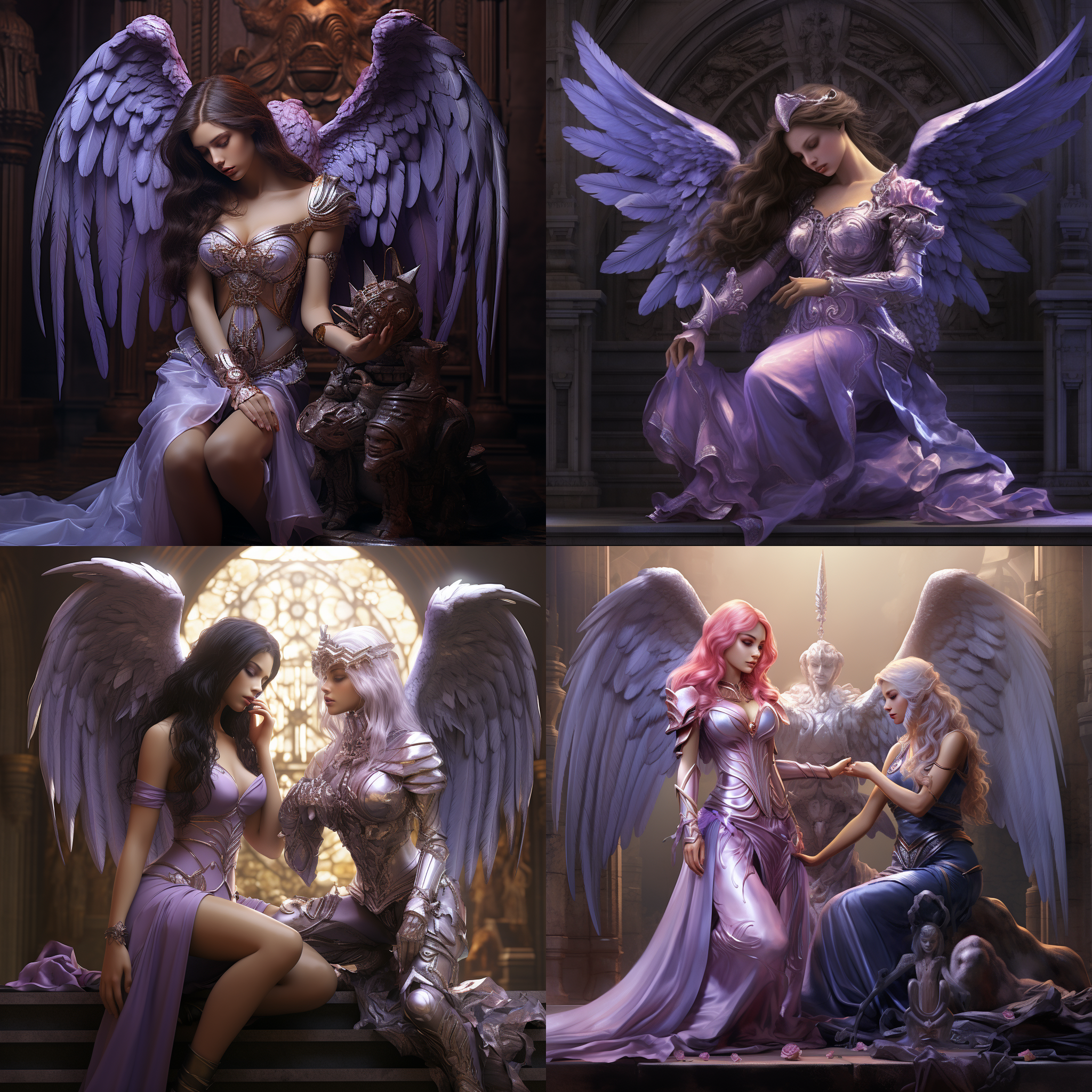 身穿紫色盔甲的女神，在女天使石像面前跪拜