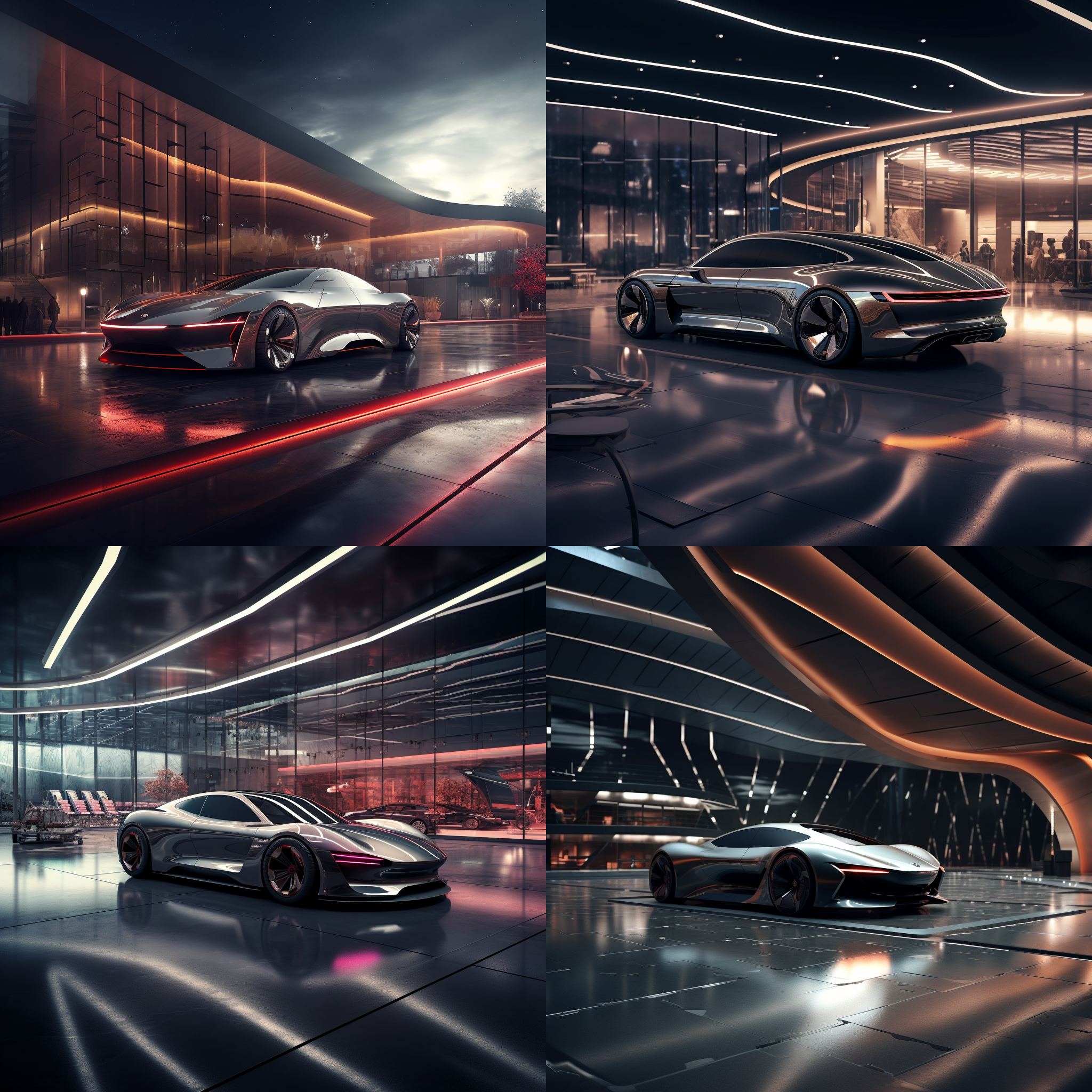 汽车展厅设计效果图，未来感建筑，金属质感，高级灰色调，宽广景深，线性构图，环境光，流线型汽车，现代风格，冷峻情绪。