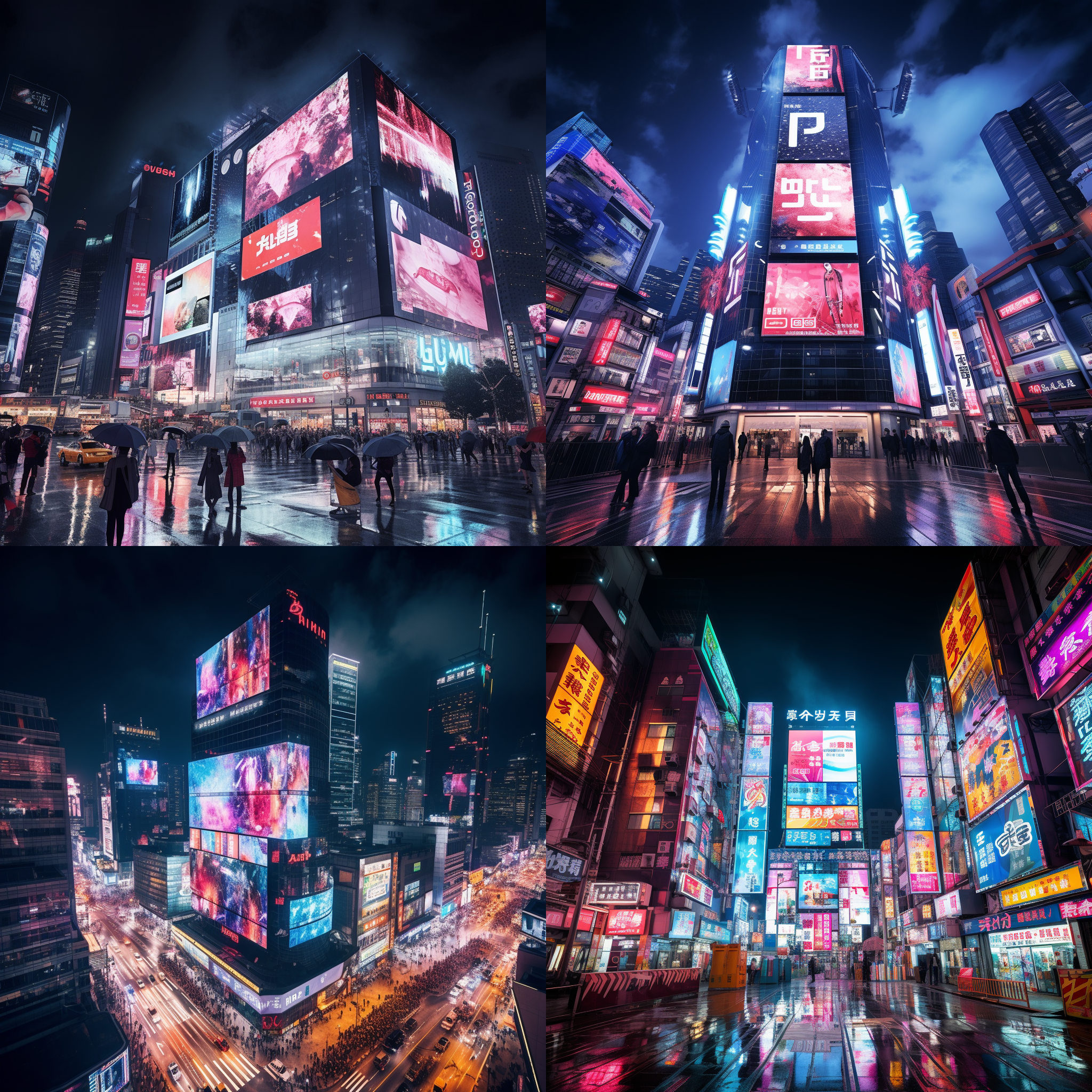 巨富视频广告播放城市夜景，大楼的立面上有鲜艳的霓虹灯光，照亮了整个街区。镜头从下往上拍摄，展示了高耸入云的建筑和夜幕下闪烁的繁华都市。摄影风格高对比度，广角镜头捕捉到了广阔的景象，给人一种震撼和奢华的感觉。夜晚的城市散发着迷人的光芒，让人沉醉其中。