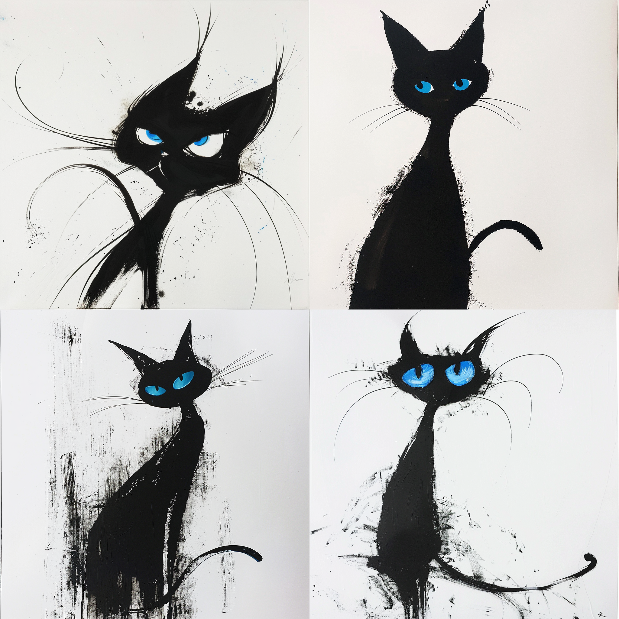 黑色的猫，剪影，卡通，蓝眼睛，神气，简约，水墨艺术构思，抽象简单的线条，极简主义，白色背景，毕加索，18k