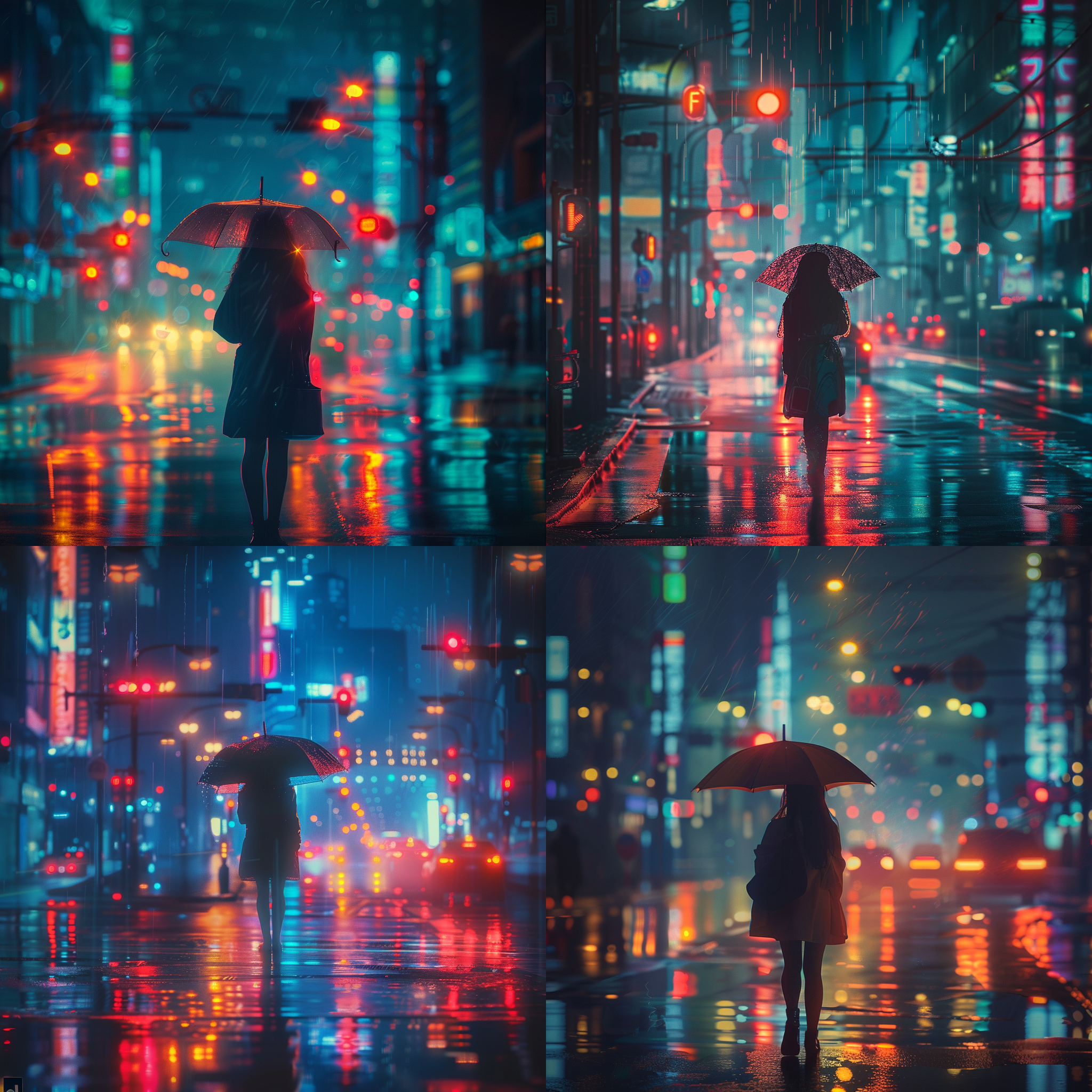 撑伞女子，雨夜，赛博朋克，艺术摄影，红绿灯，路灯，大气照明，alena aenami，城市风景，抽象背景，长曝光，冷色调，孤独，思考。