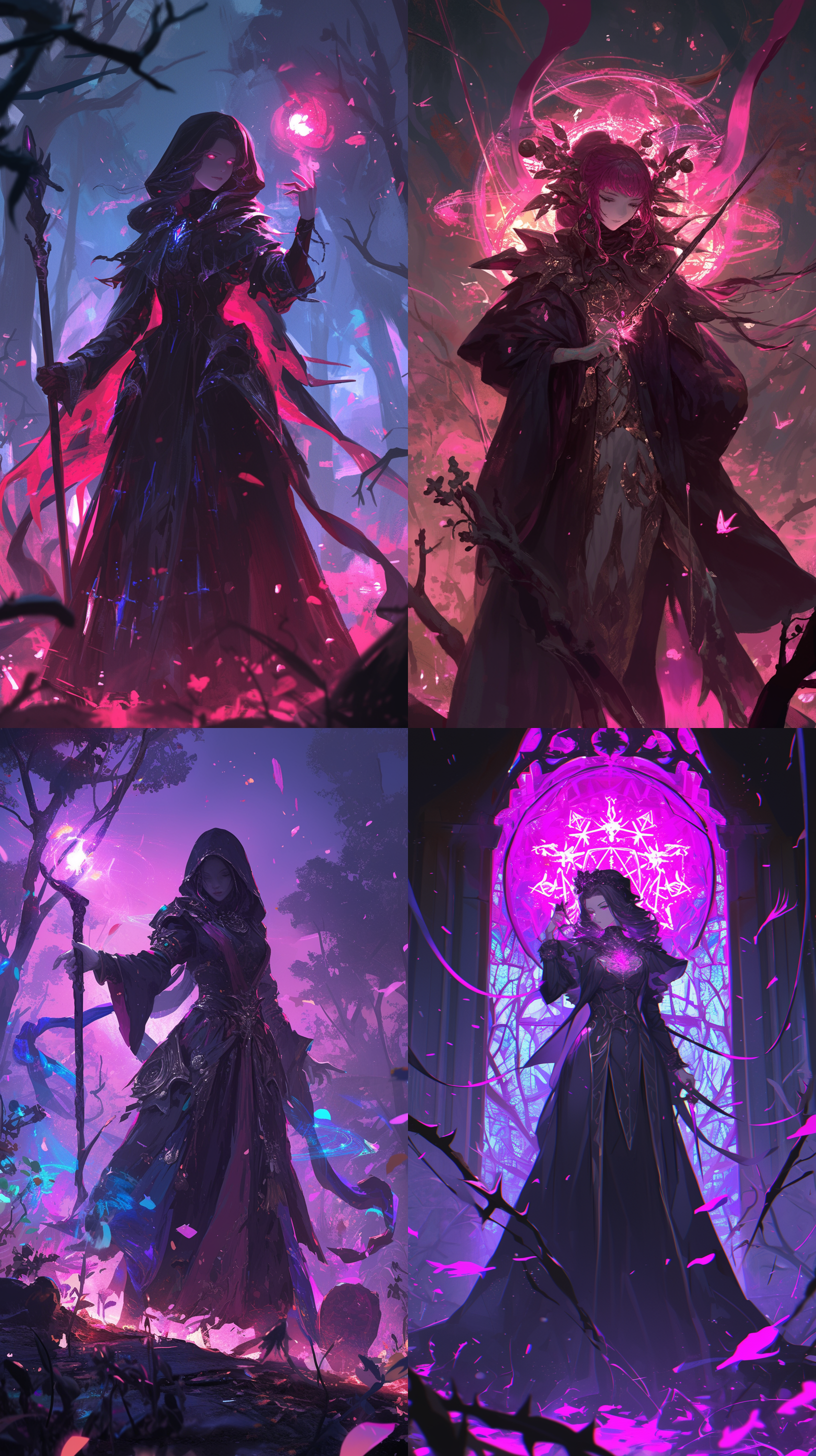 黑魔导女孩，站在神秘的森林中，穿着黑色长袍，手持发光的法杖，暗调环境，粉色色调，逆光拍摄，魔法光芒，神秘感，魔法符号悬浮，能量展现，细节丰富 