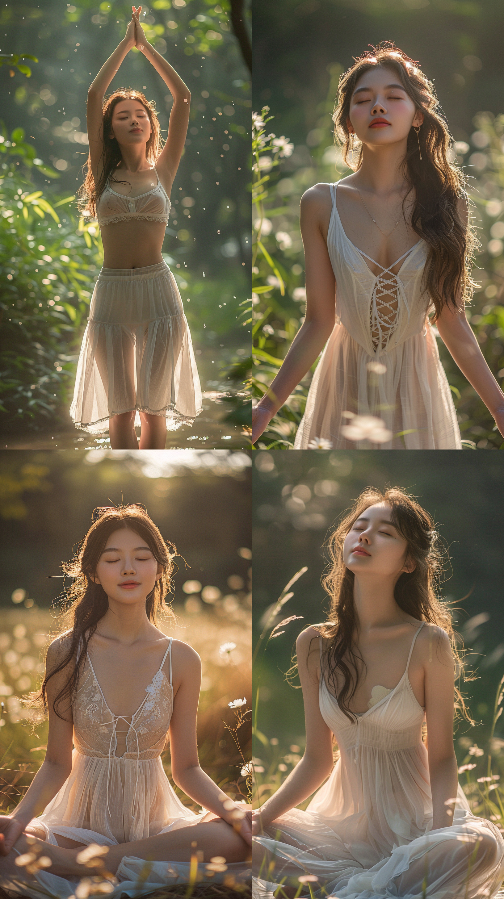 夏季瑜伽，丰满身材，中国女孩，全身照，柔弱，眼神灵动，抿嘴微笑，长发美丽，精致五官，喜悦笑容，真实写真，光着脚丫，高清晰度，逆光，户外拍摄，自然光线，温暖色调，柔和色彩。