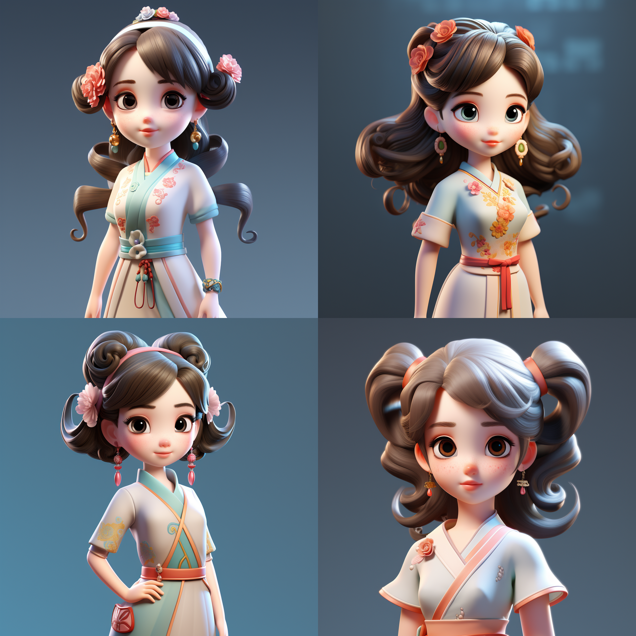 中国小姐姐自然微笑，高贵着装，发饰华丽，明亮多彩，光影追踪，简约设计，ip盲盒形象，有趣人物设计，海派风格，有机雕塑，c4d风格，卡通写实，4k展示。