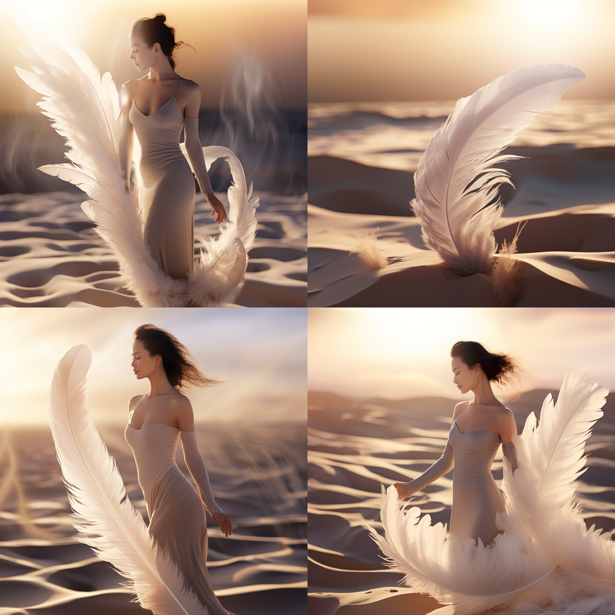 羽毛飘荡，羽毛在人物前方，人物背光，沙漠背景，黄昏傍晚，光影效果，柔和色彩，优雅动作，轻盈飘逸，神秘情感。