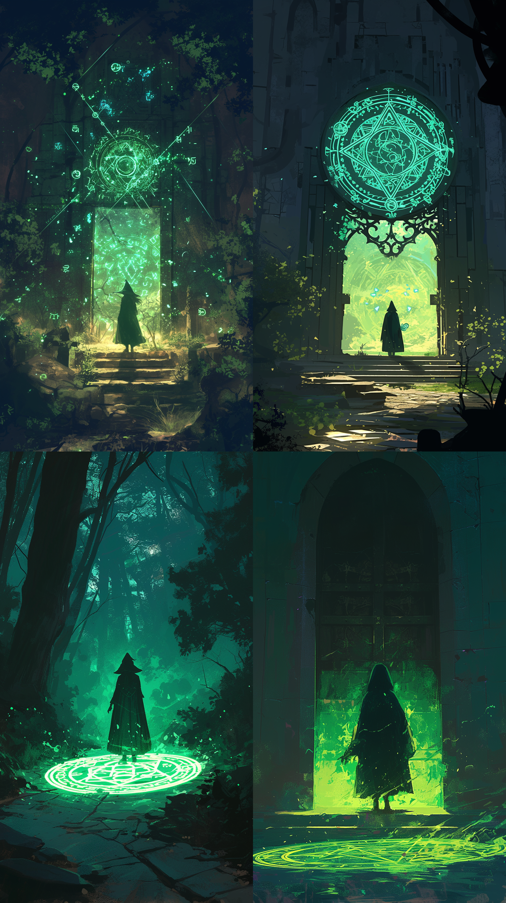 一位穿着斗篷的女巫站在门前的小路上，她的身影在昏暗的灯光下若隐若现。手上散发着绿色诡异的魔法光芒，地上出现绿色的魔法光阵，魔法符号悬浮，能量展现