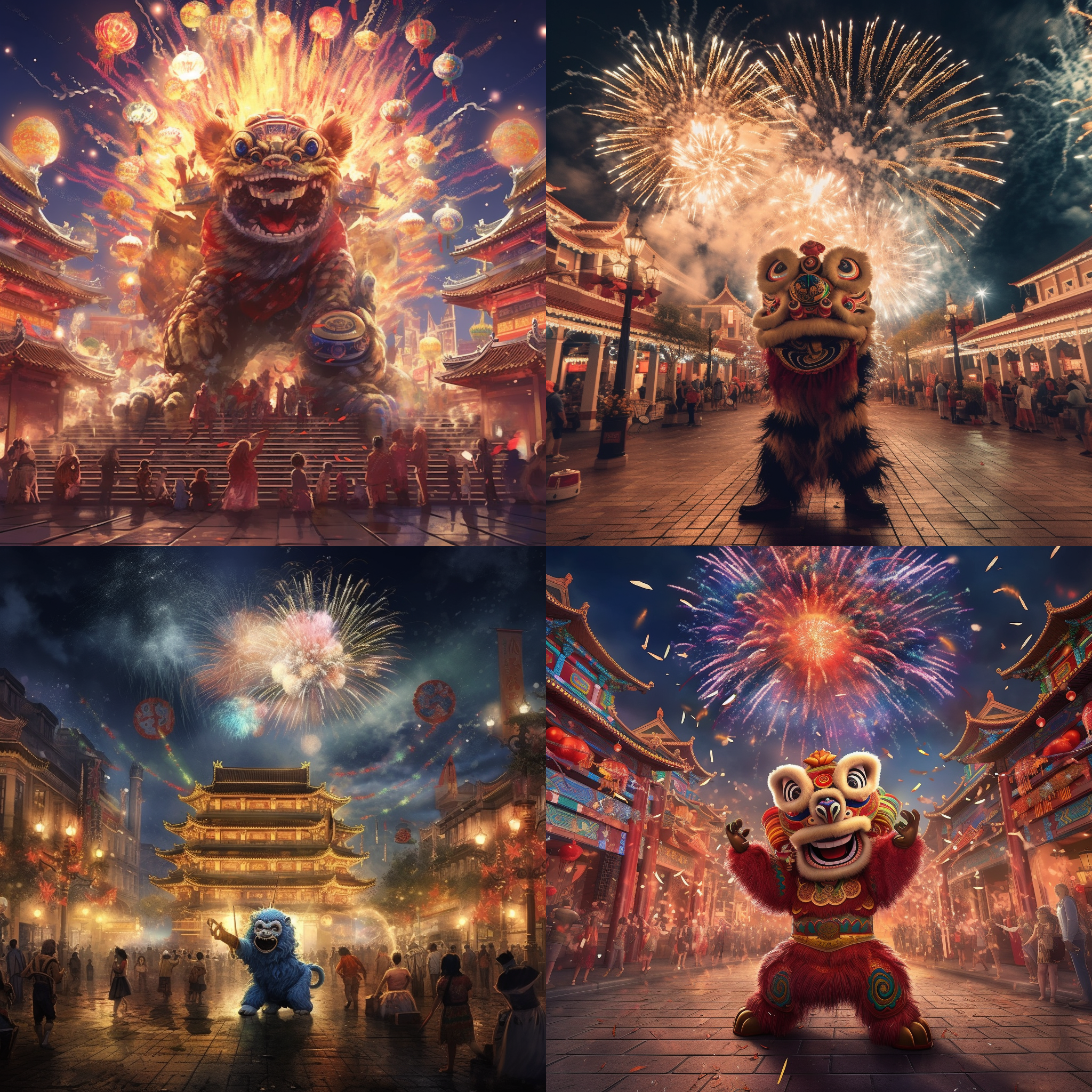 中国风舞狮在广场，四周是绚丽的烟花