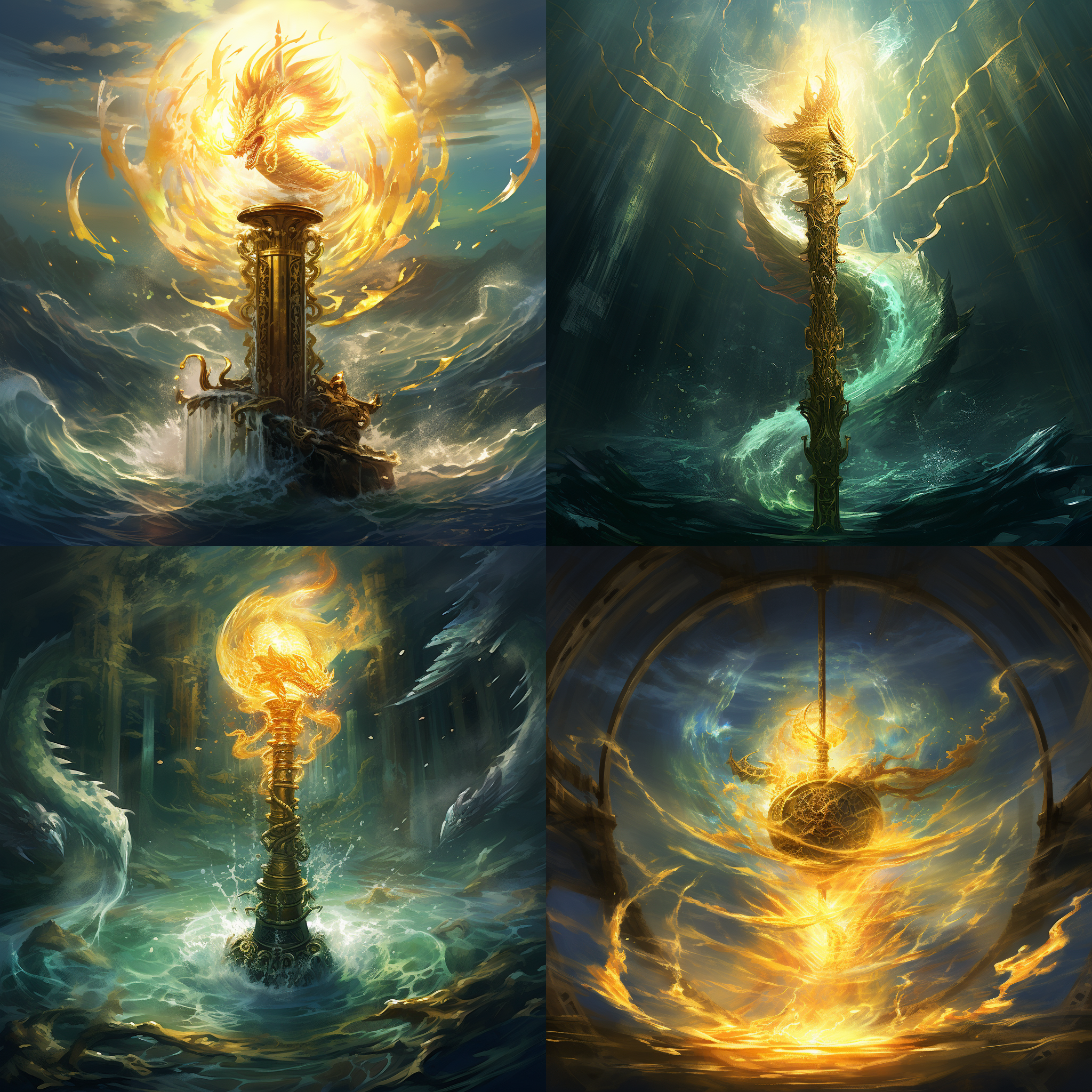 定海神针固定在海中，柱子上镶嵌金龙，一道光束照射在金箍上，龙舞海浪翻腾。逼真海洋画，高动态范围，水下环境，广角镜头，明亮光线，流动动作，细节丰富，饱和度高，神秘氛围。