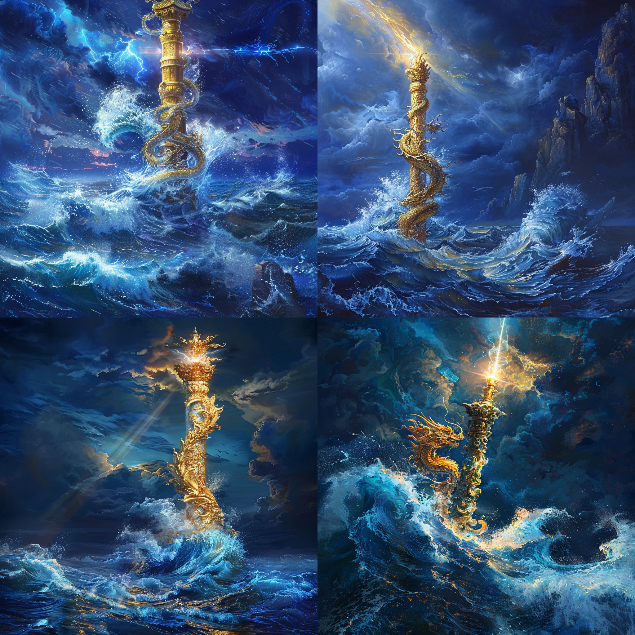 定海神针，金龙柱上，光束照射，舞动海浪，逼真海洋画，细节丰富，动态构图，蓝色调，超广角镜头，水面倒影，生动色彩，神秘氛围。
