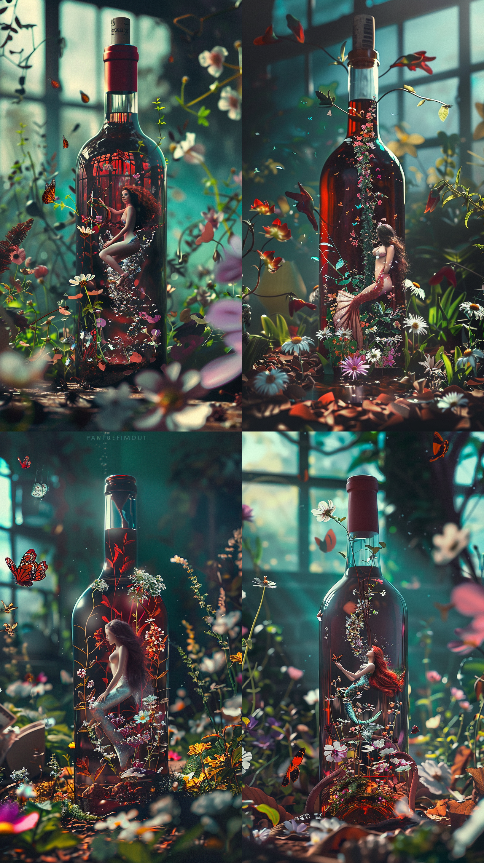 幻想主义，唯美，梦幻，微缩世界，1支大大的红酒瓶，红酒瓶内半瓶水，长着各种植物，开满鲜花，瓶中有条美人鱼，长发飘飘，在繁花中畅游，超高的艺术性，优雅，写实摄影，摄影艺术，oc渲染，超真实