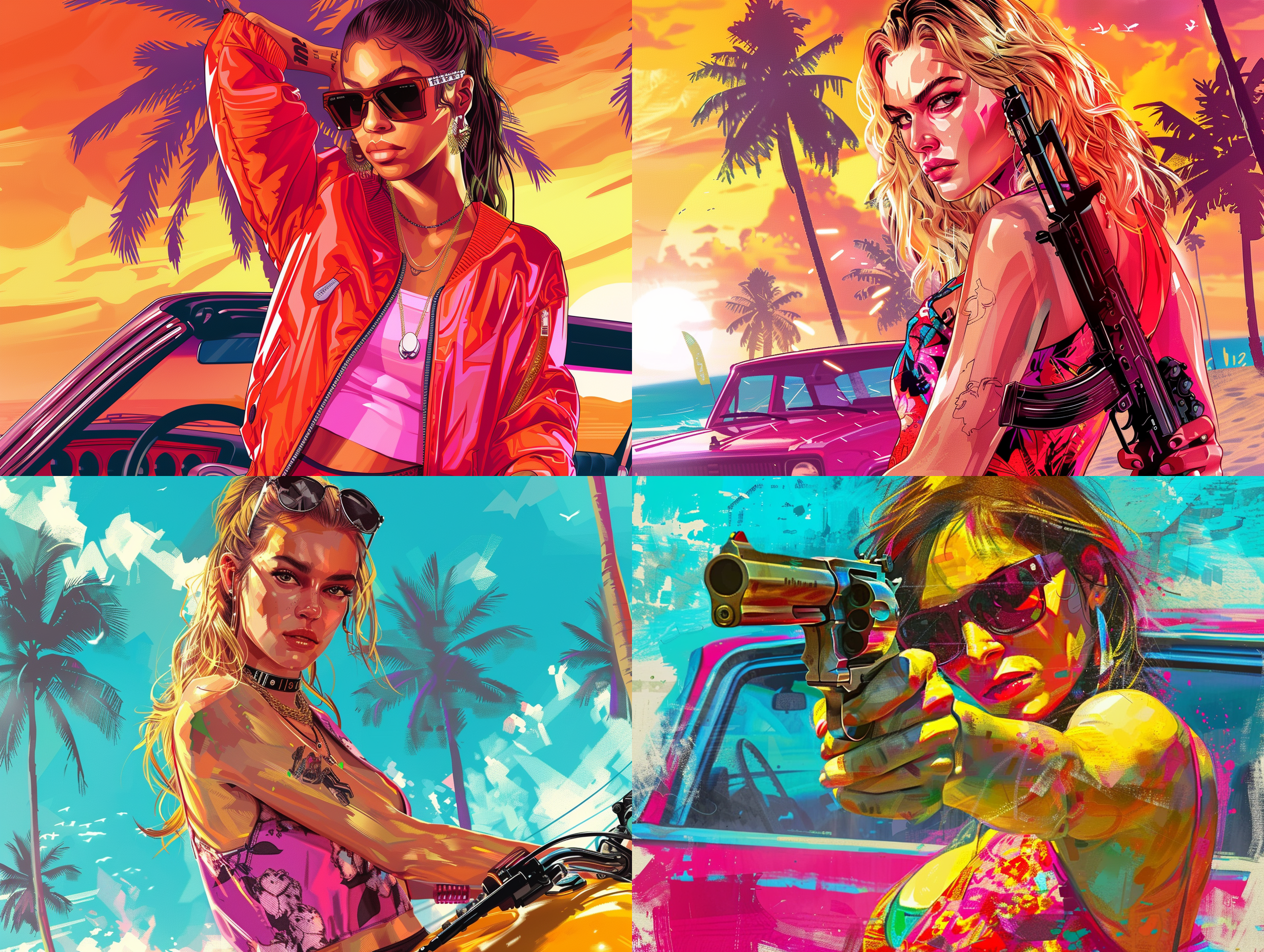 gta-style artwork 1girl ,satirical, exaggerated, pop art style, vibrant colors, iconic characters,action packed