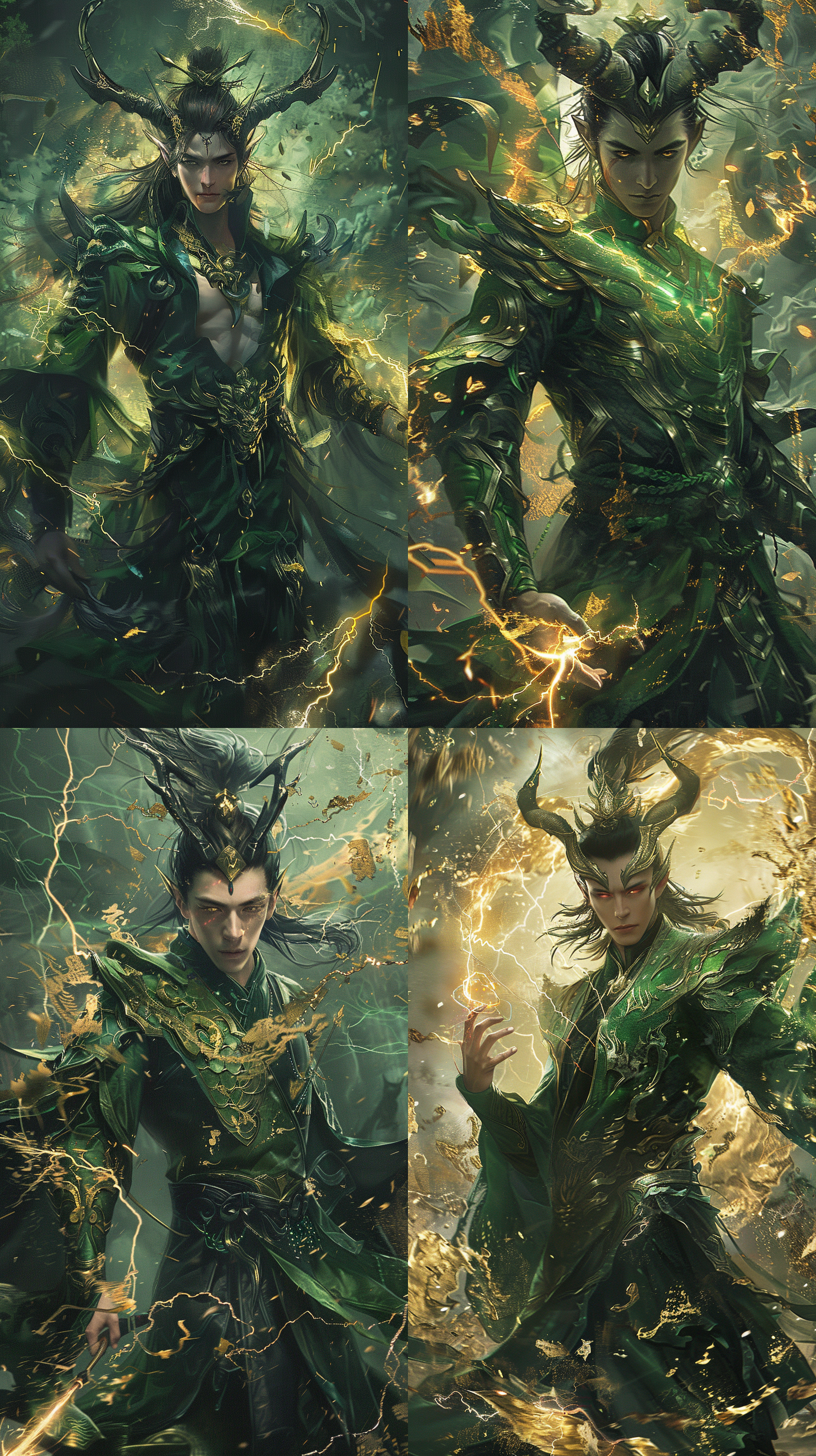 神榜人物雷震子，半人半妖，手握一道闪电，中国男性，强壮，全身绿色，正面，身上有鳞片，身上长有一对黑色大翅膀，背景是太乙真人，四周围绕着金色闪电，人物的眼睛很大，像外外星人，中国国风画面，头上长角，整个画偏绿色和金色，