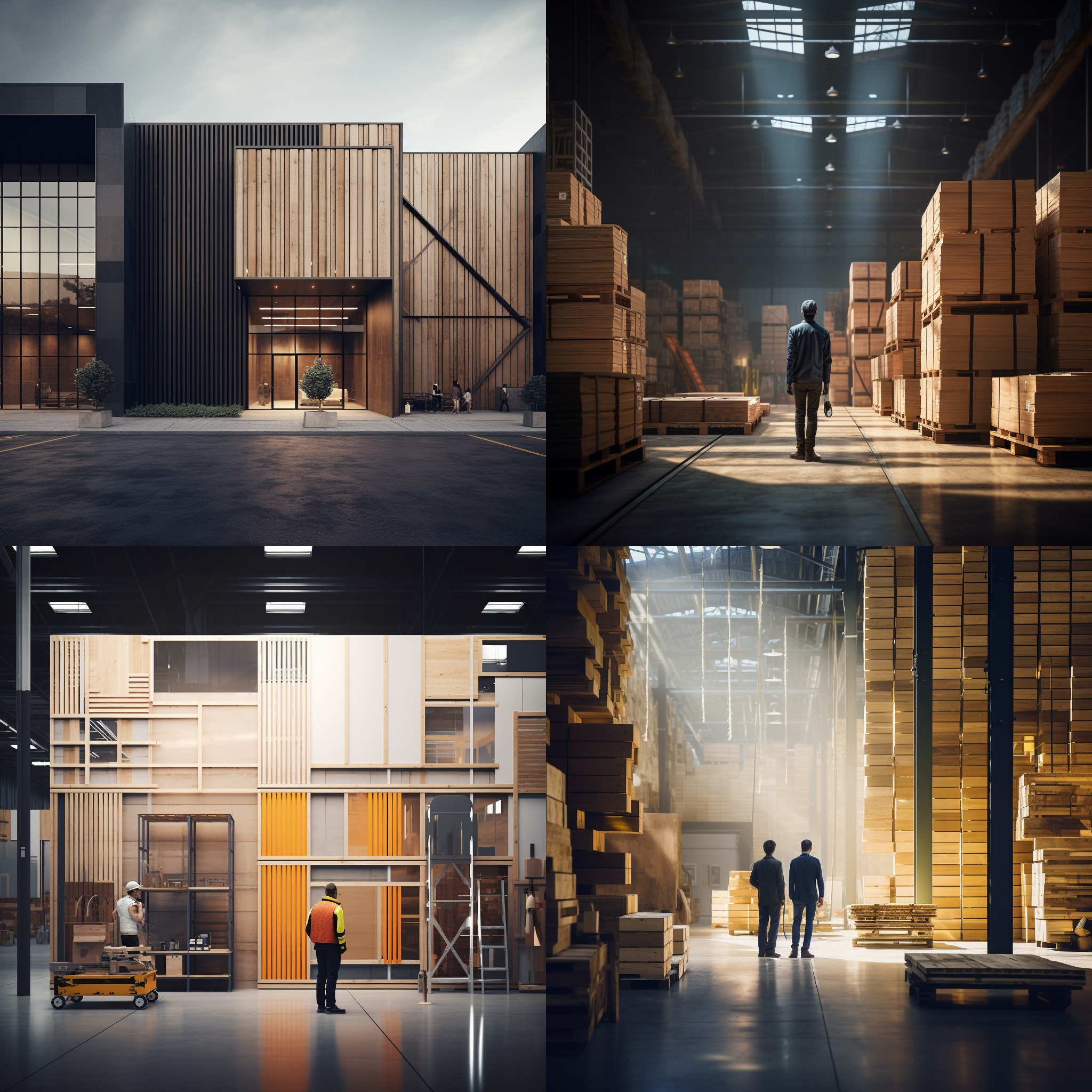 现代风格仓库，立面材质木色和金属。, 极简主义，几何构图，室内环境，中焦镜头，明亮灯光，工业风格，人物穿着工装，冷色调，专注表情，现代感。