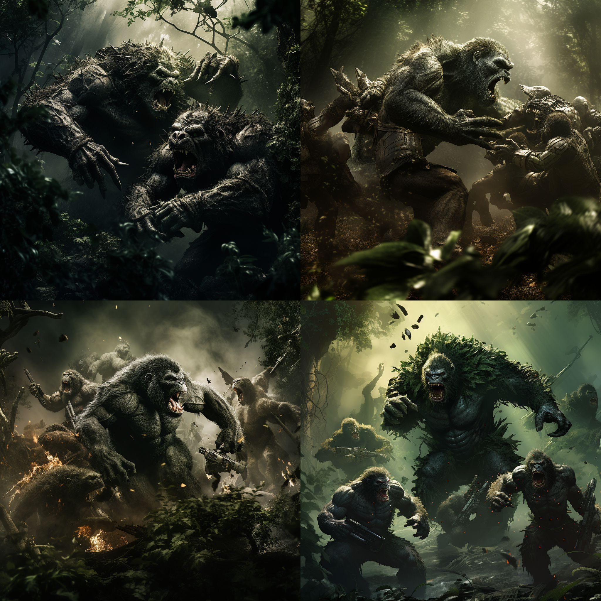 盔甲大猩猩与斧头老虎搏斗，密林中，巨大规模，战斗动作，暗绿色调，长焦镜头，逆光，高速快门，激烈，紧张。